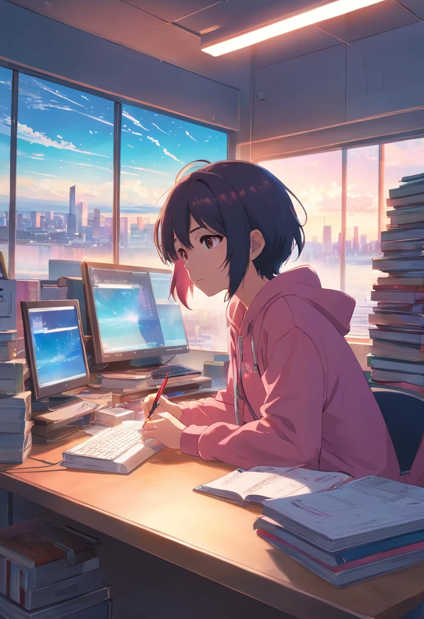 The work desk has a large screen computer,There are some books next to it,A boy sits looking like a computer,Positive image,You can see big eyes,There are large windows next to it,You can see the neon rainy day outside,The whole is colorful,Red-pink