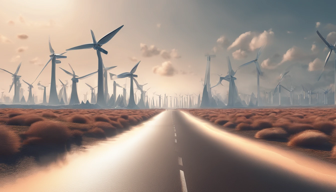 Abstract 3d rendering of empty futuristic road,Empty field,There is light in the sky.,In the distance there are buildings and wind turbines,Science fiction concept.