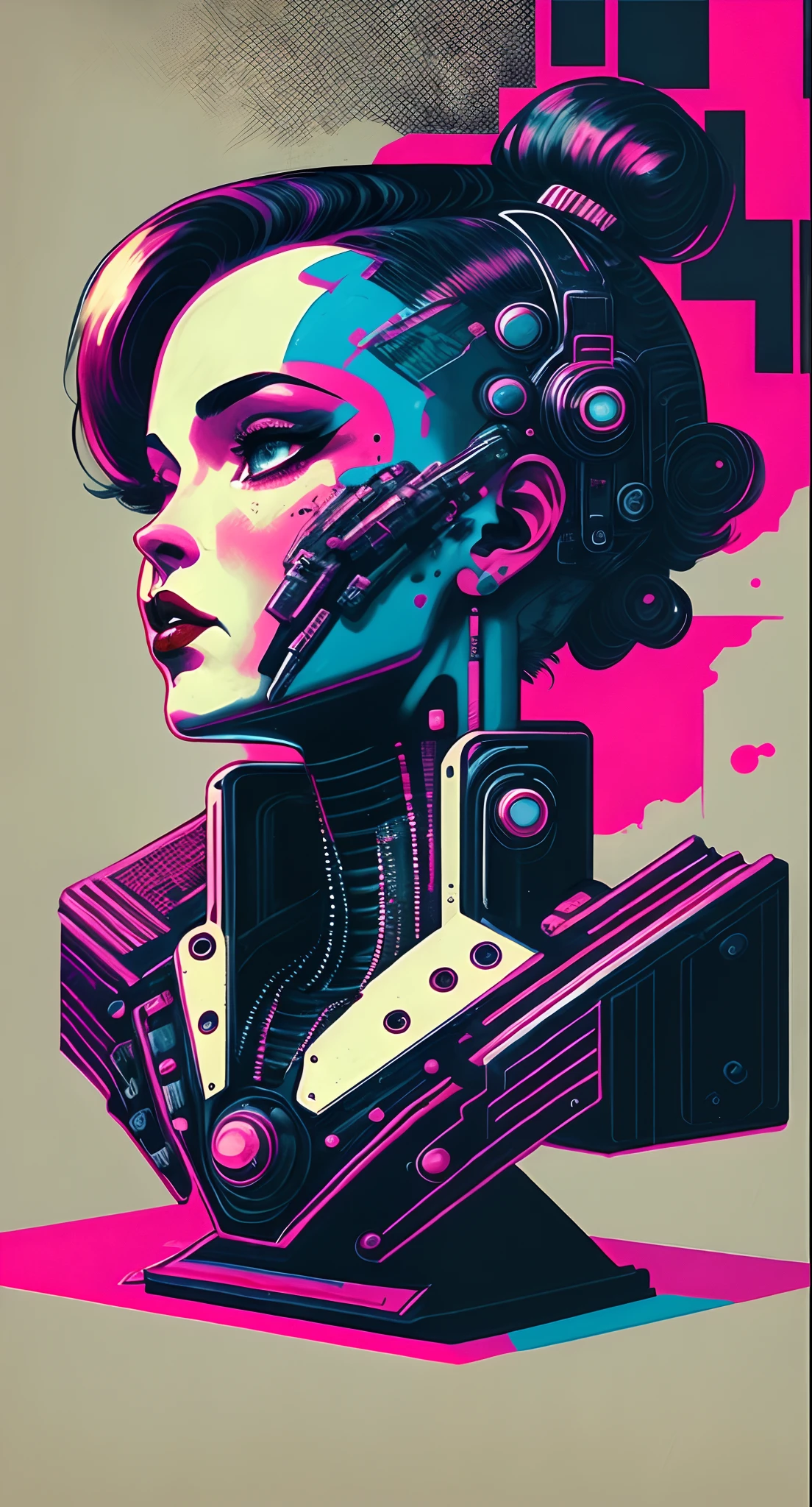 (masutepiece, 4k, ultra-detalhada, Foto RAW: 1.2), illustration, (1 mulher:1), (single background: 1.4), (simetria: 1.2), (Art Deco:1.4), (retro-futurista:1.4), (minimalismo:1.4), (limpo:1.4), (plano_Cor:1.4), (Cyberpunk:1.4), CCDDA Arte Ainda、music、Imagens de busto