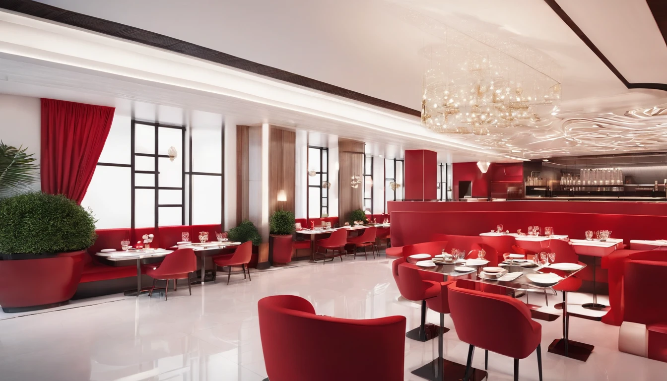 Rendering of the decoration effect of the hot pot restaurant，Use red and black as the main color，Embody youthfulness，Fashionab，tidal current，，neon-light-effect，The background is white background，large scene