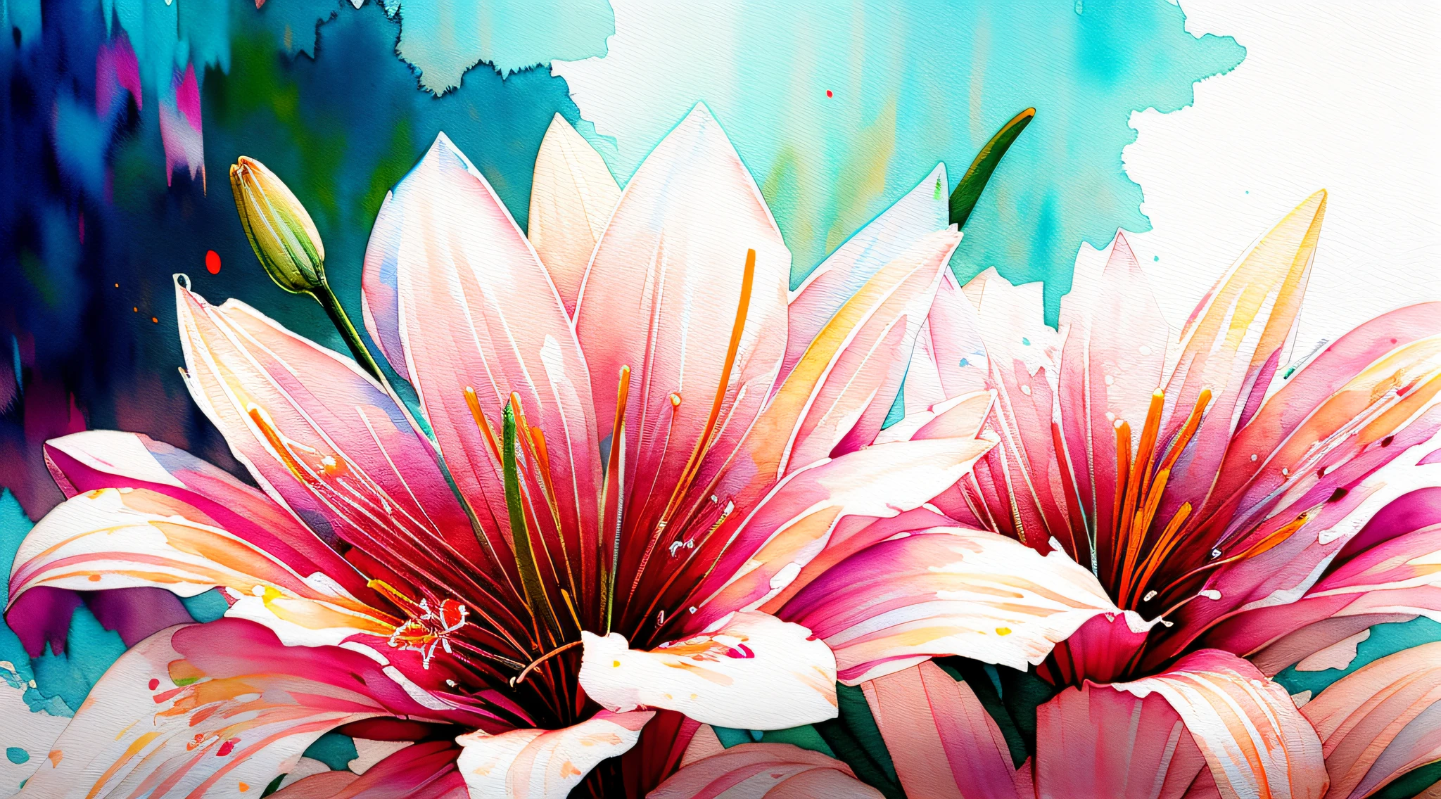 wtrcolor style, digital art of (lilies), official art, blown by the wind, masterpiece, beautiful, ((watercolor)), paint splatter, intricate details. Great detail, [dripping:0.5], trending on Artstation, Rachel Walker