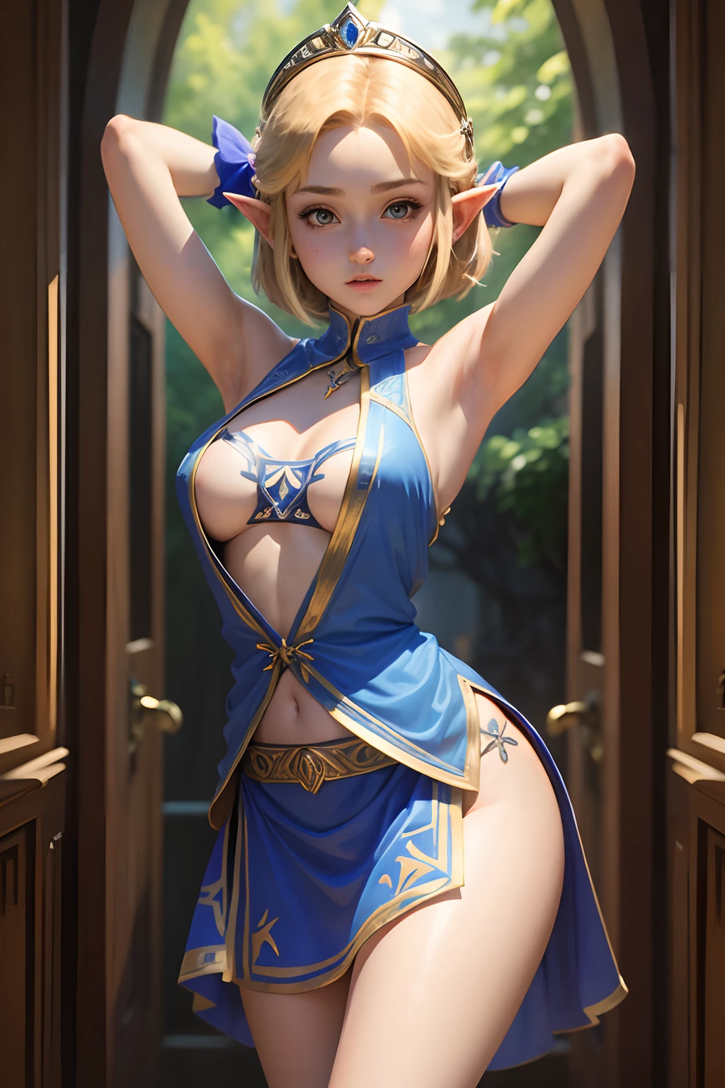 masterpiece,best quality,zelda\(princess\), 1girl, solo, breasts,short_hair,dress, armpit, no_panties.