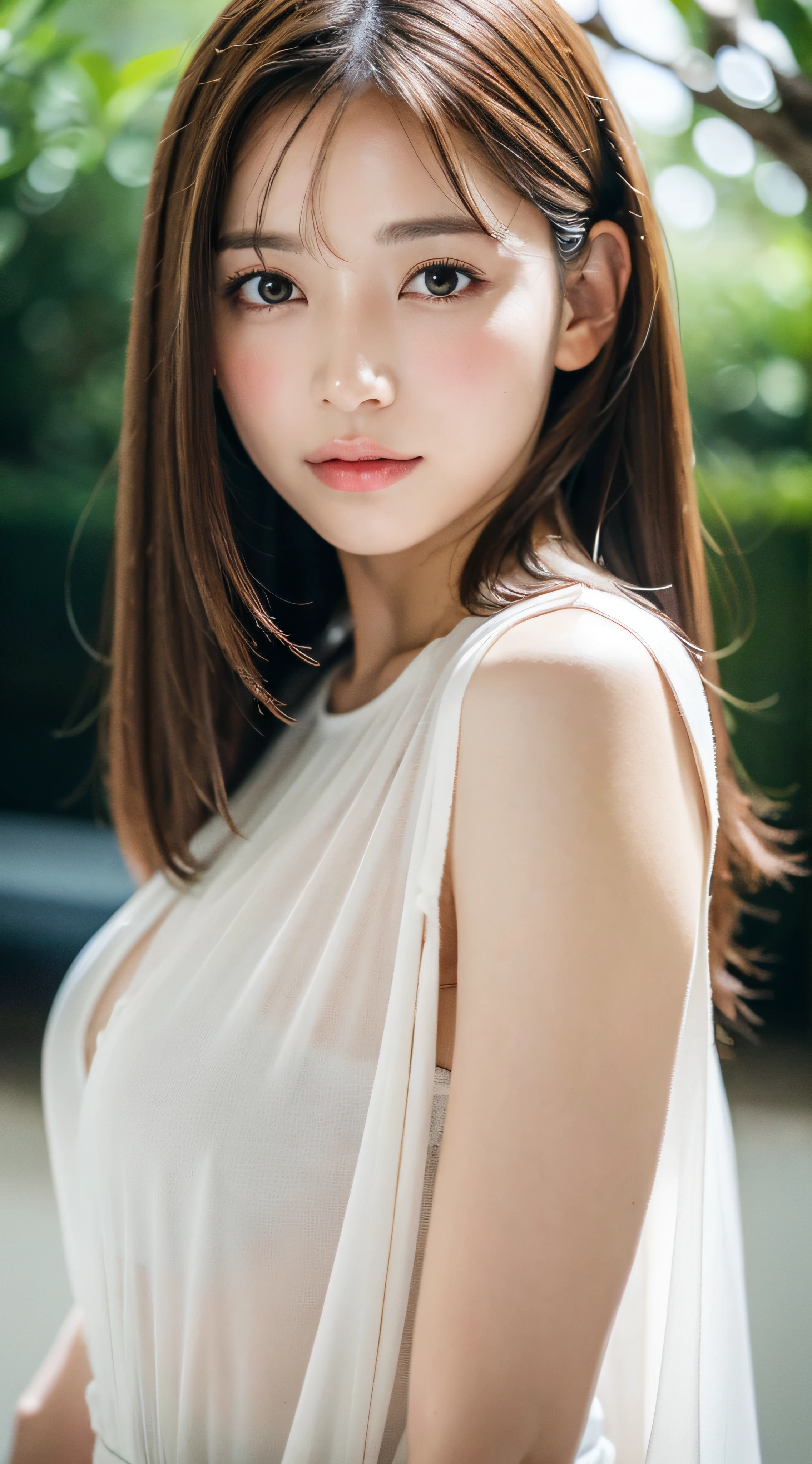 1womanl, up of face, mideum breasts, light brown hair, Blunt bangs, hair behind ear, hair over shoulder, Long hair, slender body shape, Ultra Fine Face, Thin face, Delicate lips, Beautiful eyes, thin blush, eyes are light brown, perfect glossy skin, flawless skin, Glistening sweat,View here, Ultra-thin hands, Ultra-fine fingers, best ratio four finger and one thumb, (realisitic:1.3), See-through white blouse. An amusement park, One-person viewpoint, Fuji Film, F/1.2, 8K, masutepiece, nffsw, Super Detail, High quality, Best Quality, hight resolution