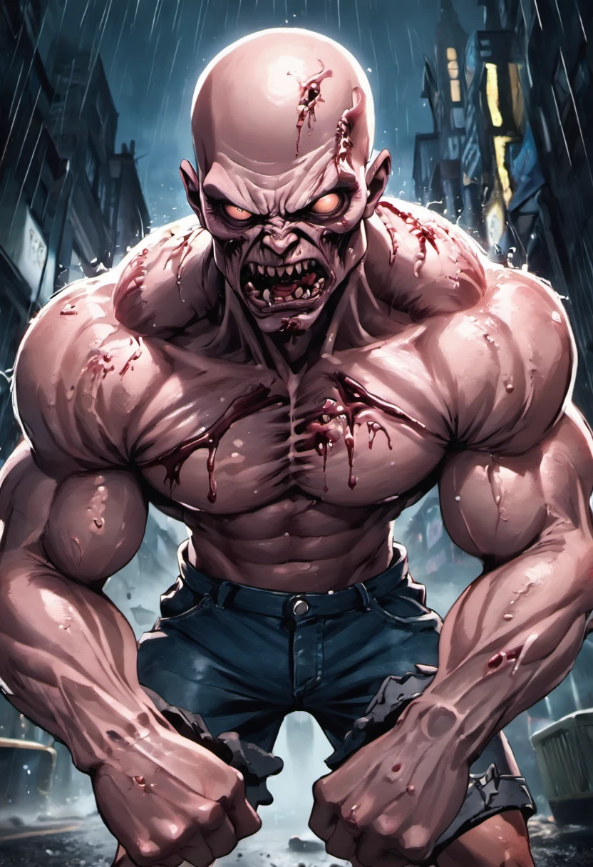 closeup photograph, zombie muscle creatine poison dark,, en una calle empapada por la lluvia por la noche, fotorrealista, cinematic lighting
