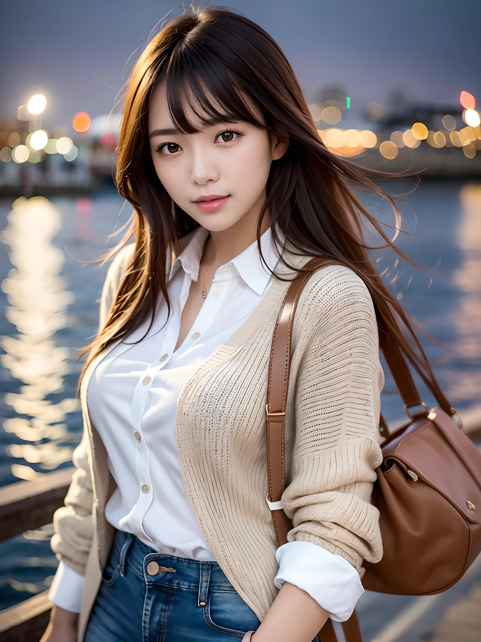 product quality, 1 girl, cowboy shot, front view, a Japanese young pretty girl, long bob hair, wearing a marriage ring, standing with a big smile on a pier in a huge port in the night, a night view over the sea, wearing a long length light yellow cardigan over a satin silk white shirt with collared, wearing light brown long jeans, her hair blown by wind,a shoulder bag, hyper cute face, glossy lips, double eyelids for both eyes, natural makeup, shiny smooth light brown hair of long bob hair, asymmetrical bangs, tanned skin, high resolution, high detail, detailed hairstyle, detailed face, cinematic lighting, octane rendering, hyper realistic, perfect limbs, perfect anatomy