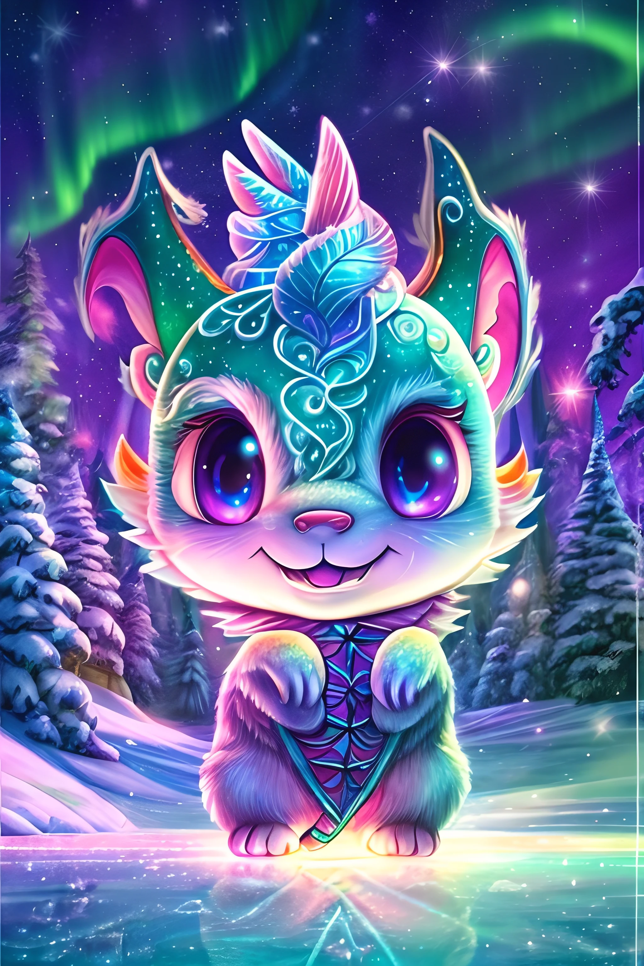 cute chibi ice dragon ice-skating on Nordic pond, night, aurora borealis, detailed, high quality, high resolution, 8k, high saturation