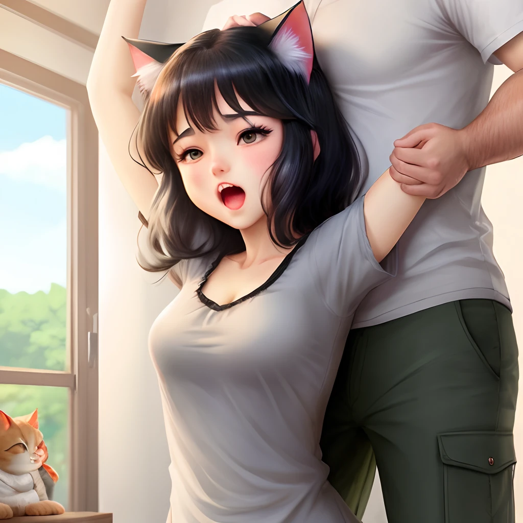 Anime cat girl with black hair getting raped by her dad