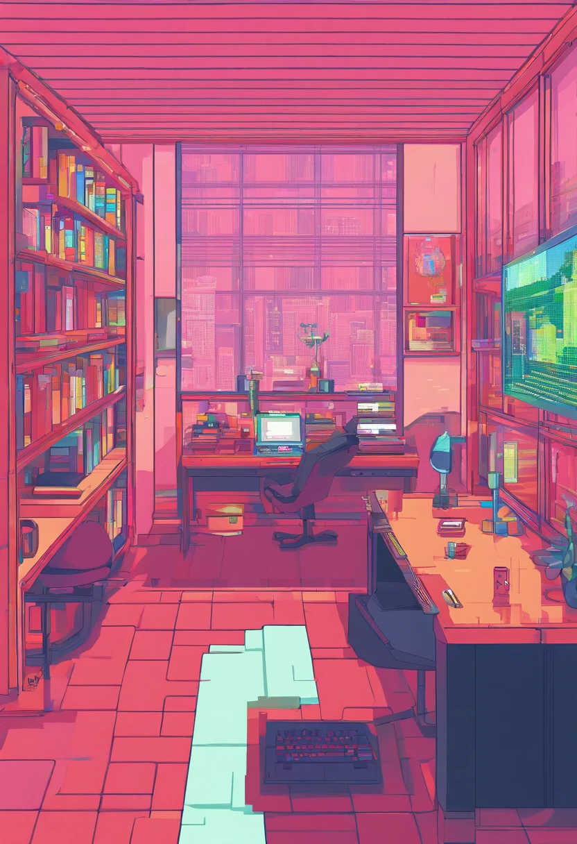 The work desk has a large screen computer,There are some books next to it,A boy sits looking like a computer,Positive image,You can see big eyes,There are large windows next to it,You can see the neon rainy days outside,The overall colorful,red-pink