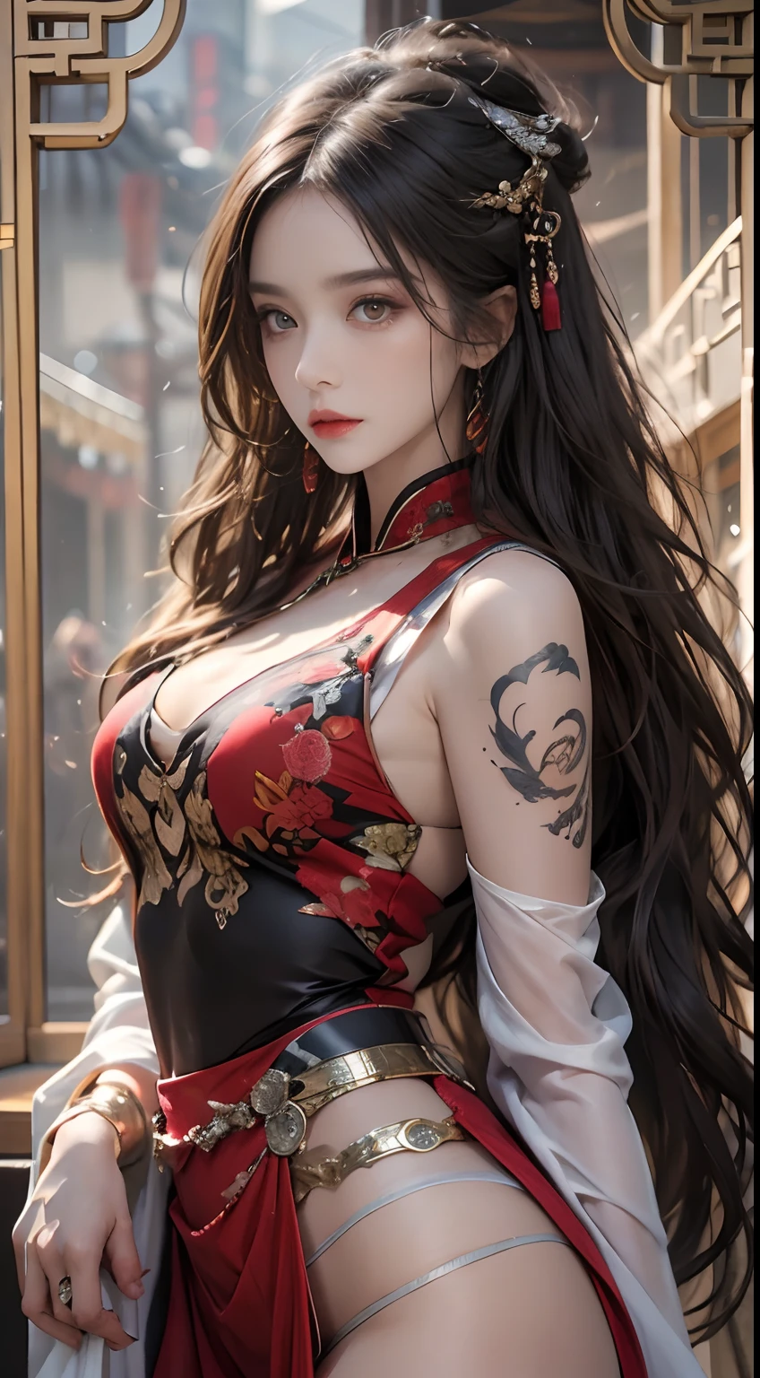 Photorealistic, high resolution, 1 woman, Hips up, Beautiful eyes, Long hair, ringed eyes, jewelry, tattoo, Hanfu, Chinese fairy, Taoist uniform