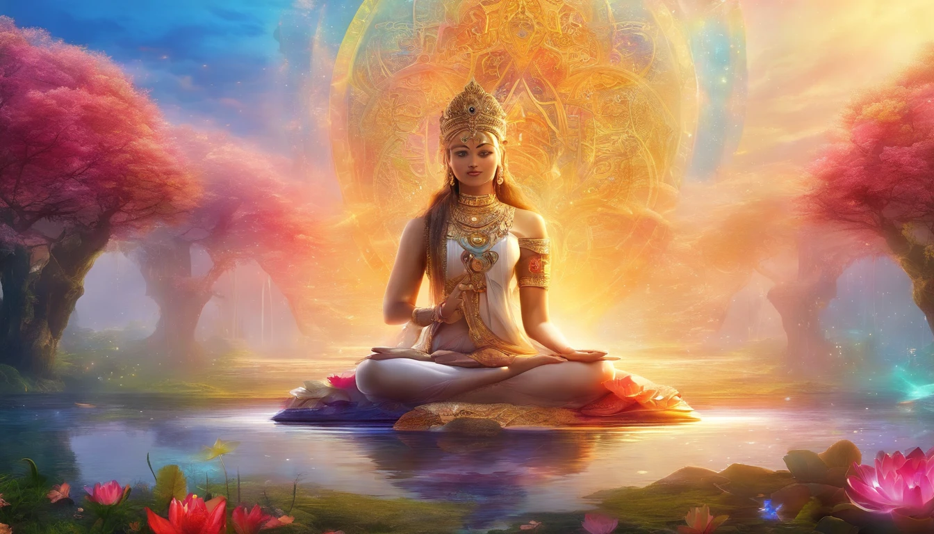 Yoga posiciona o espectro de luz com os sete chakras ao redor, vibrant colorsa colorslashh An explosion of colors, Beautiful woman in white sitting on water lilies, coisas complexas ao redor, intrincado no fundo, Tesouro, ouro, moedas, Espiritual, divino, Sonho, cosmico, Alucinante, DEUS, pineal gland, Sonhe como, (extremamente detalhado CG unidade 16K papel de parede:1.1), (Denoising strength: 1.45), (tmasterpiece:1.37), hyper realistic, raios de deus, ray tracing, UHD, Premiado