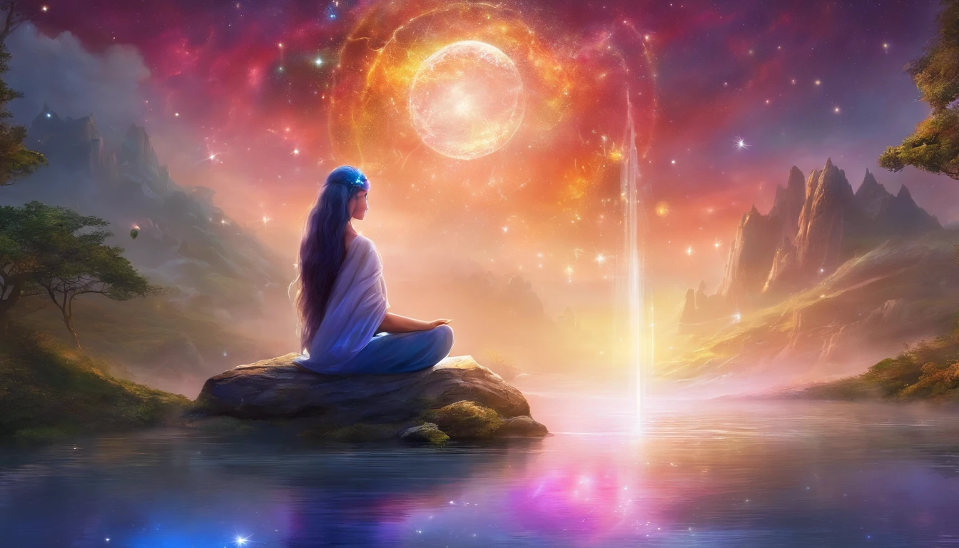 Yoga posiciona o espectro de luz com os sete chakras ao redor, vibrant colorsa colorslashh An explosion of colors, Beautiful woman in white sitting on water lilies, coisas complexas ao redor, intrincado no fundo, Tesouro, ouro, moedas, Espiritual, divino, Sonho, cosmico, Alucinante, DEUS, pineal gland, Sonhe como, (extremamente detalhado CG unidade 16K papel de parede:1.1), (Denoising strength: 1.45), (tmasterpiece:1.37), hyper realistic, raios de deus, ray tracing, UHD, Premiado