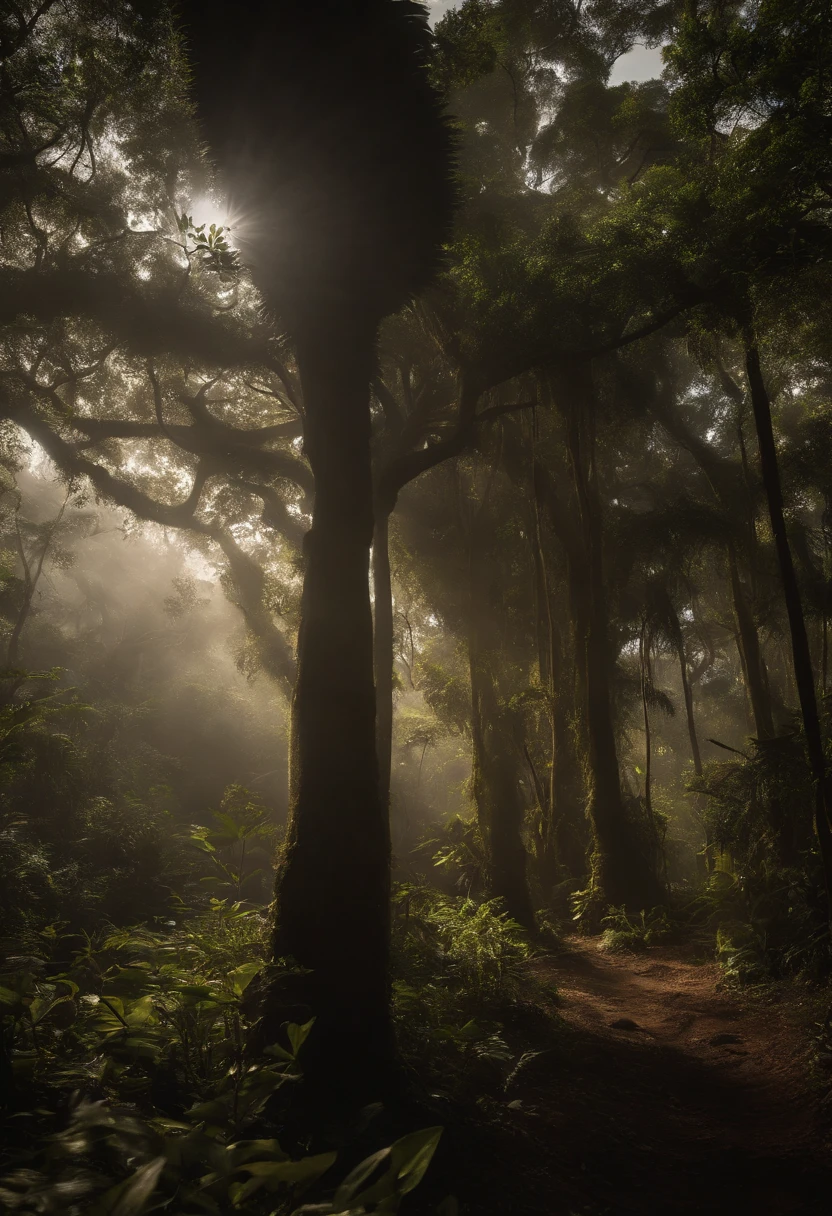 uma vila de caboclos brasileiros, in the interior of the Amazon, cercado por uma floresta exuberante de muito alto, leafy trees