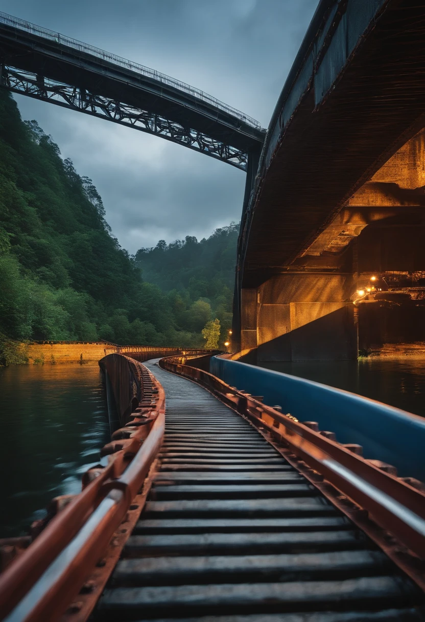 There is a long conveyor belt,Conveyor belts transport coal,the photo shows a large,Armor Plate,bridges and railings