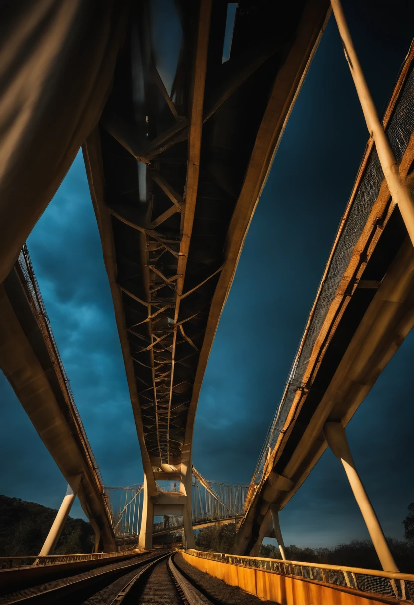 There is a long conveyor belt，Conveyor belts transport coal，the photo shows a large，Armor Plate，bridges and railings