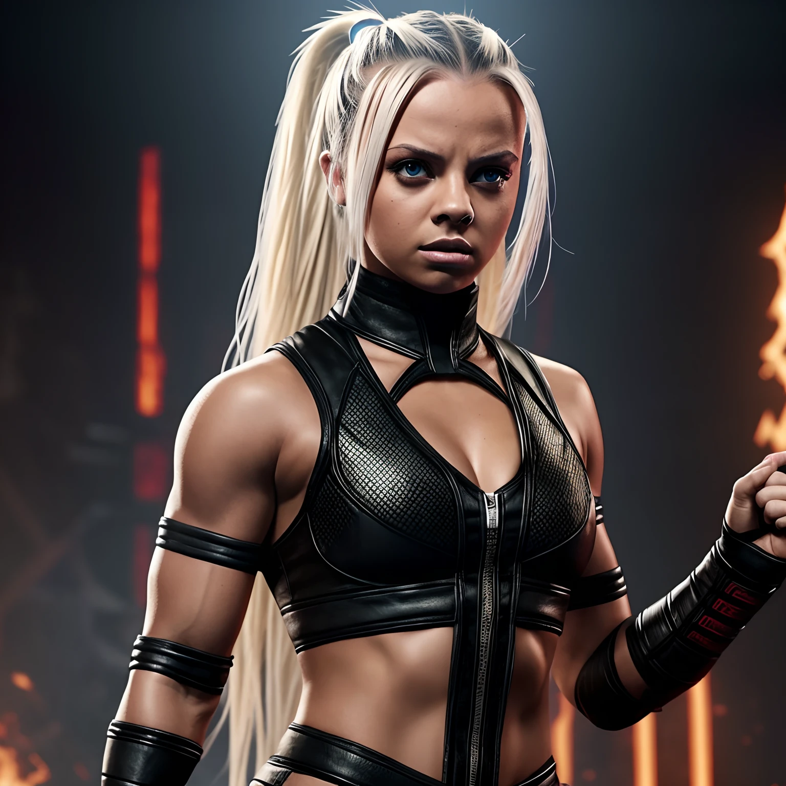 Female superstar Liv Morgan WWE is ready to fight against the Mortal Kombat Outworld Hyperrealistic background scene....................