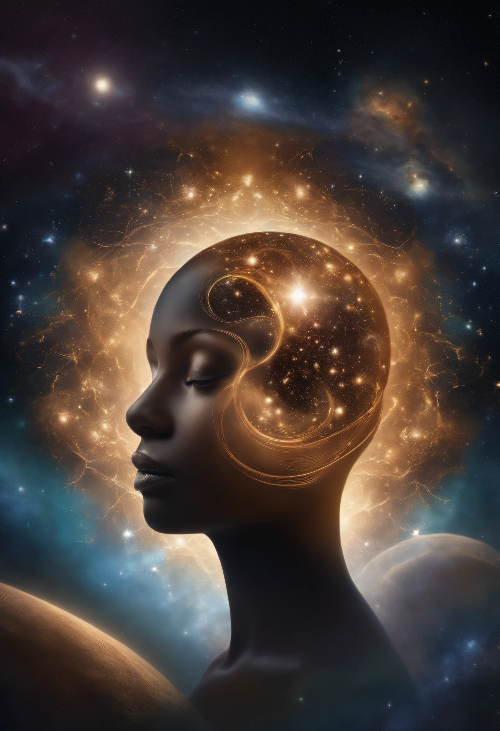 "Cosmic Essence Incarnate: Craft an image that envisions the cosmic as a human being. Picture a figure whose essence is intertwined with the universe, radiating cosmic energy and wonder. Highlight elements like swirling galaxies, stars, and nebulae within their form. Use a celestial color palette that blends deep space hues with ethereal glows. The image should evoke a sense of transcendence and infinite possibility, offering viewers a glimpse of the universe's mysteries embodied in human form. 8K UHD, intricate cosmic details, celestial color palette, and an atmosphere of cosmic wonder."