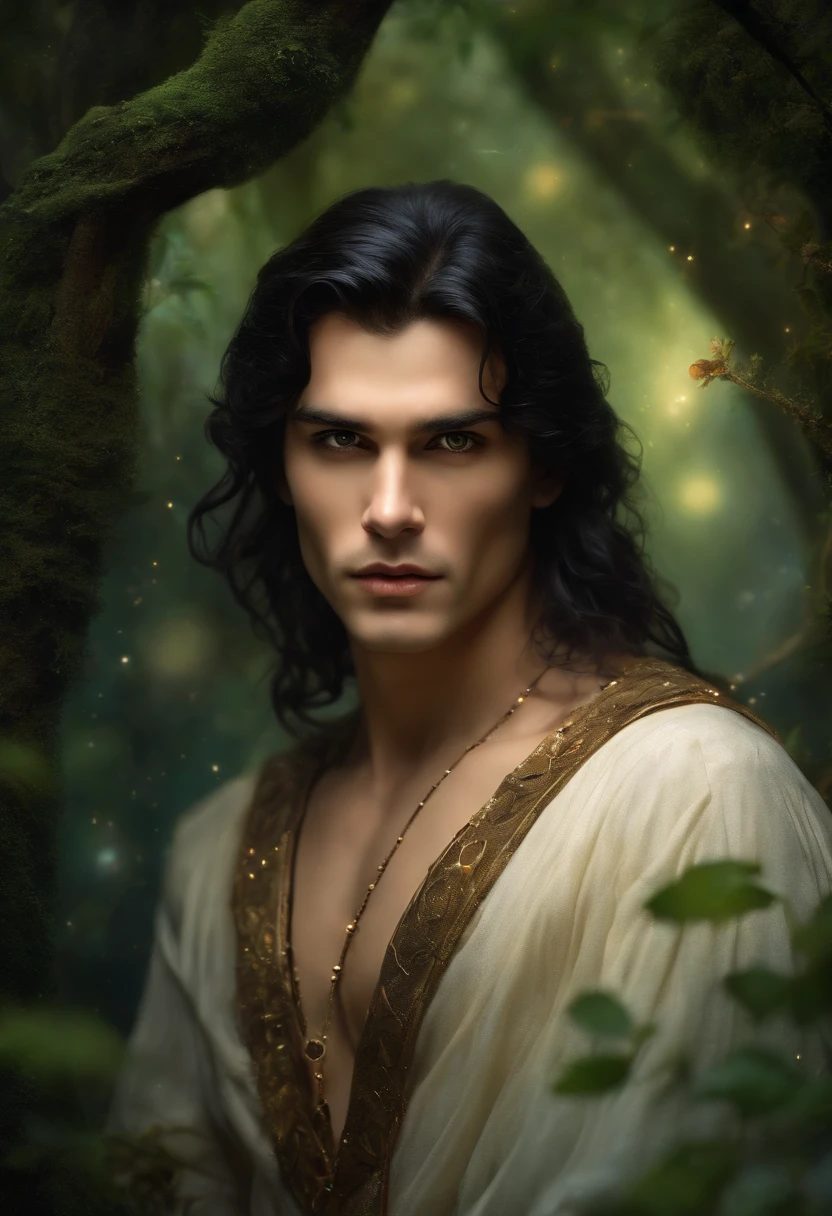 ((One Man)), (((Fantasy portrait of a man in a mithorogic costume))), ((Long sleaves)), With mystical colored eyes, pale skin, black long hair, Magical, Beautiful, Enchanting, Photorealism, mid-shot, ((Deep forest)), Fantasy Art, (((floating particles))),ethereal fantasy art,twinkling fireflies,
