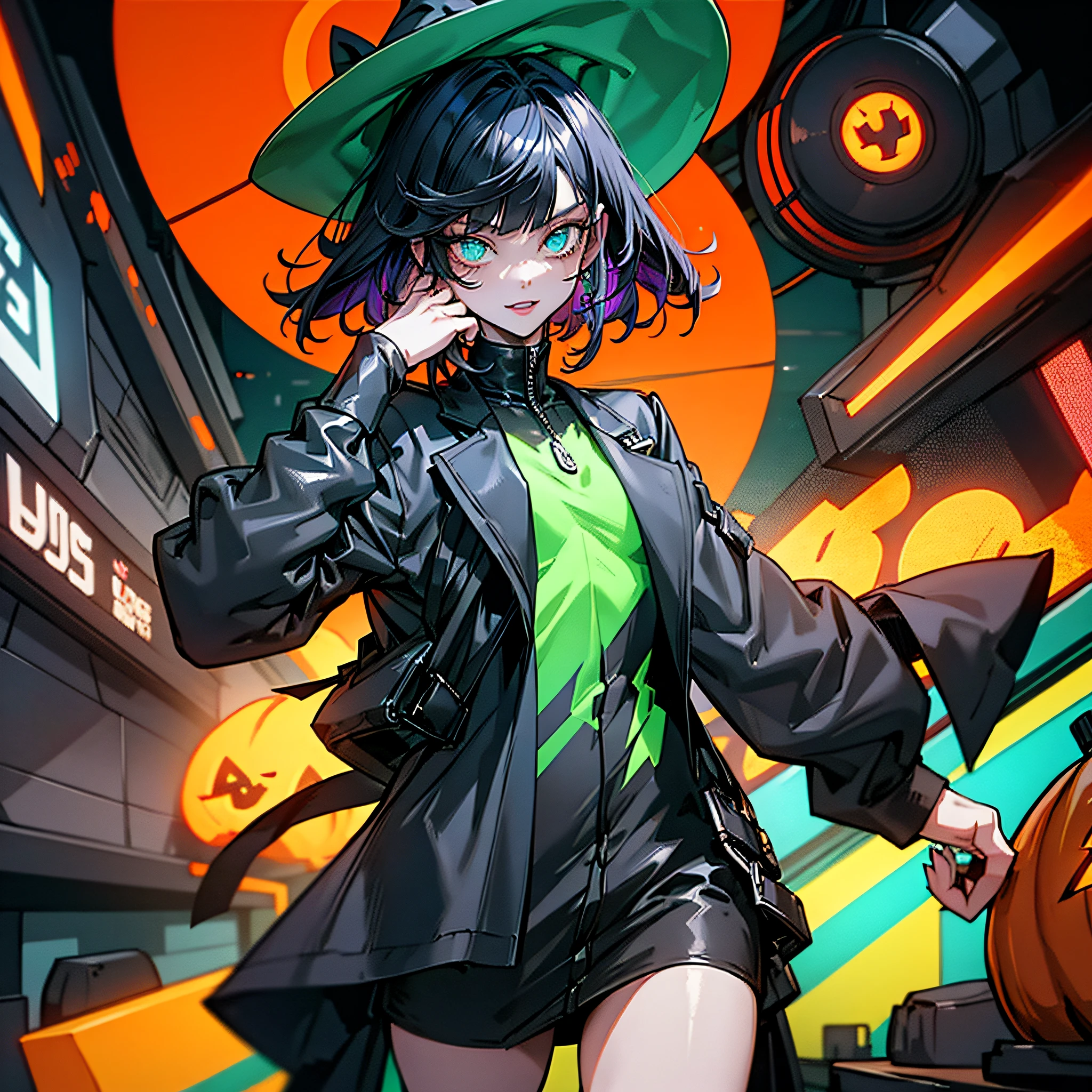 glitch girl, bloody cut smile, long hair, crazy witch hat,cool black open short jacket, tatoos, messy fade cut hair, crazy,futuristic neon night street background,poser, fuchsia, indigo, green, halloween, pumpkin, portrait