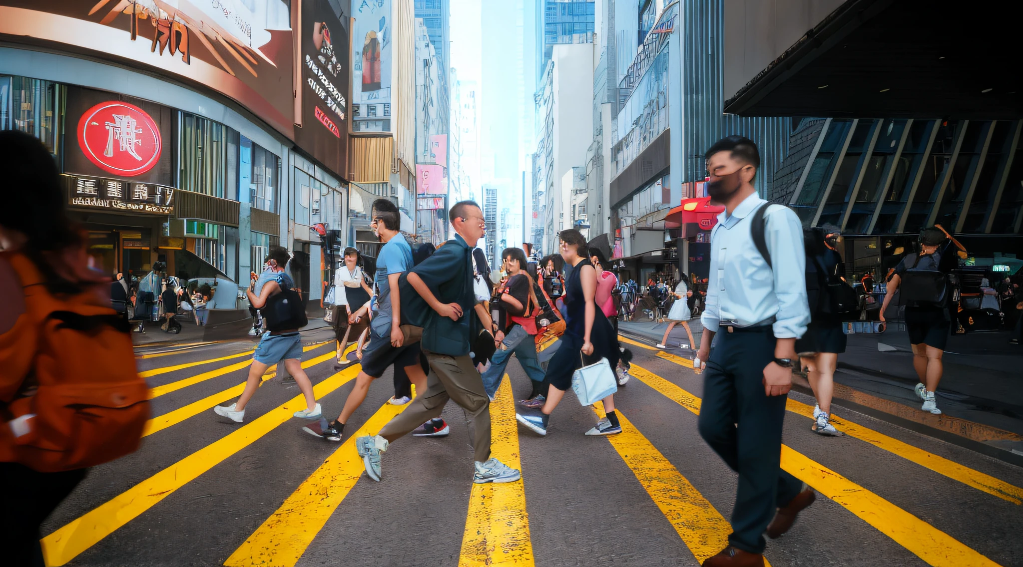 people walking across a busy street in a city with tall buildings, people walking down a street, streets of hong kong, busy streets, people walking on street, busy streets filled with people, people walking in street, travelers walking the streets, street of hong kong, busy street, crowded street, crowded streets, people on the streets, people walking around, people in the streets