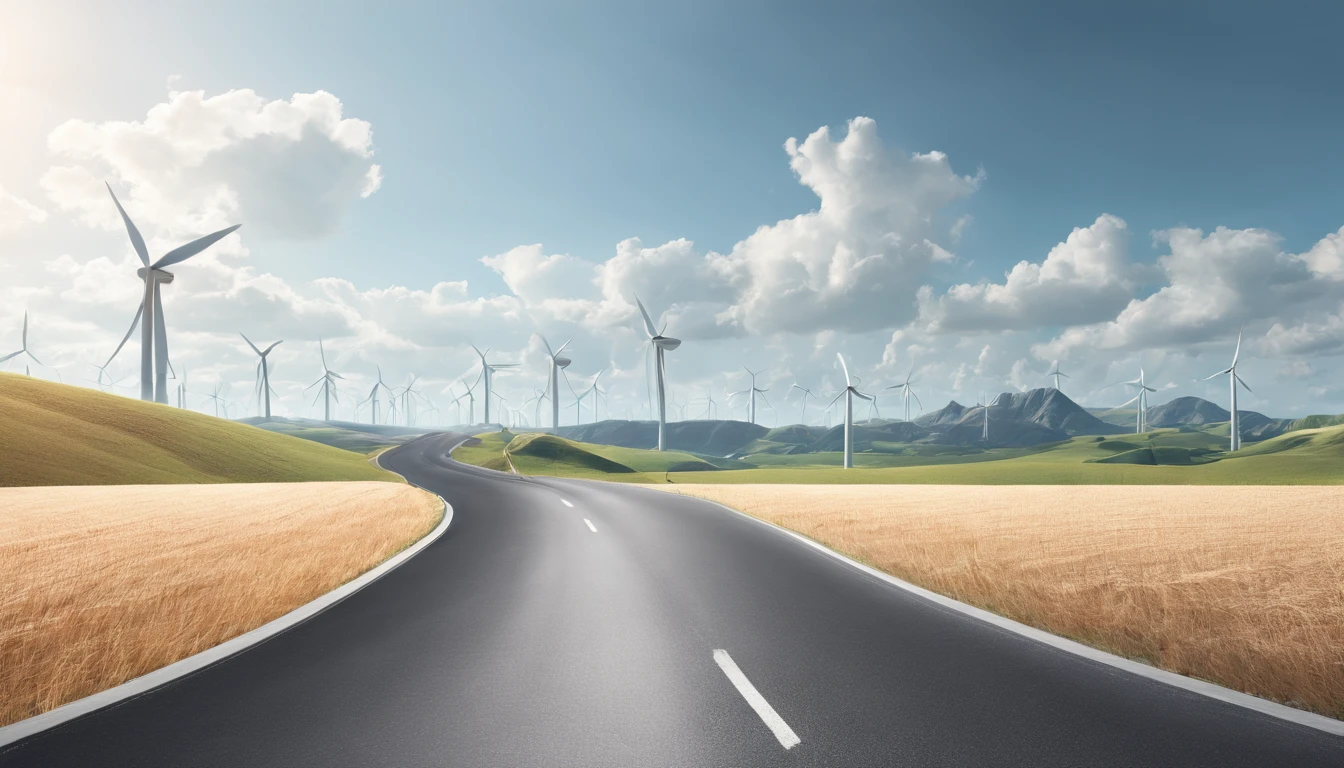 Abstract 3d rendering of empty futuristic road，Empty field，There is light in the sky.，In the distance there are buildings and a small number of wind turbines， side perspective, perspective shot, Battery photography,Photorealistic photorealism.,Landscape Photography
