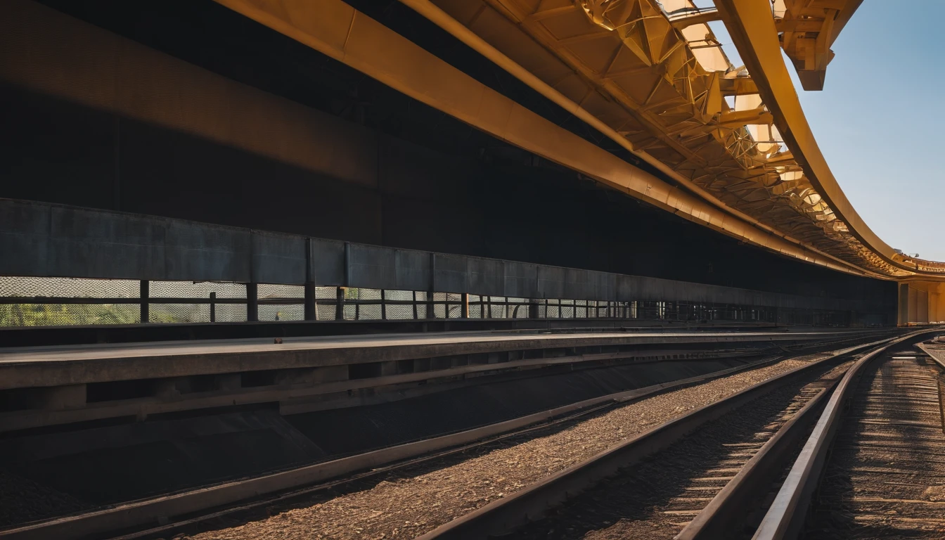 There is a long conveyor belt,Coal is transported on conveyor belts,the photo shows a large,Armor Plate,bridges and railings,There is a ceiling