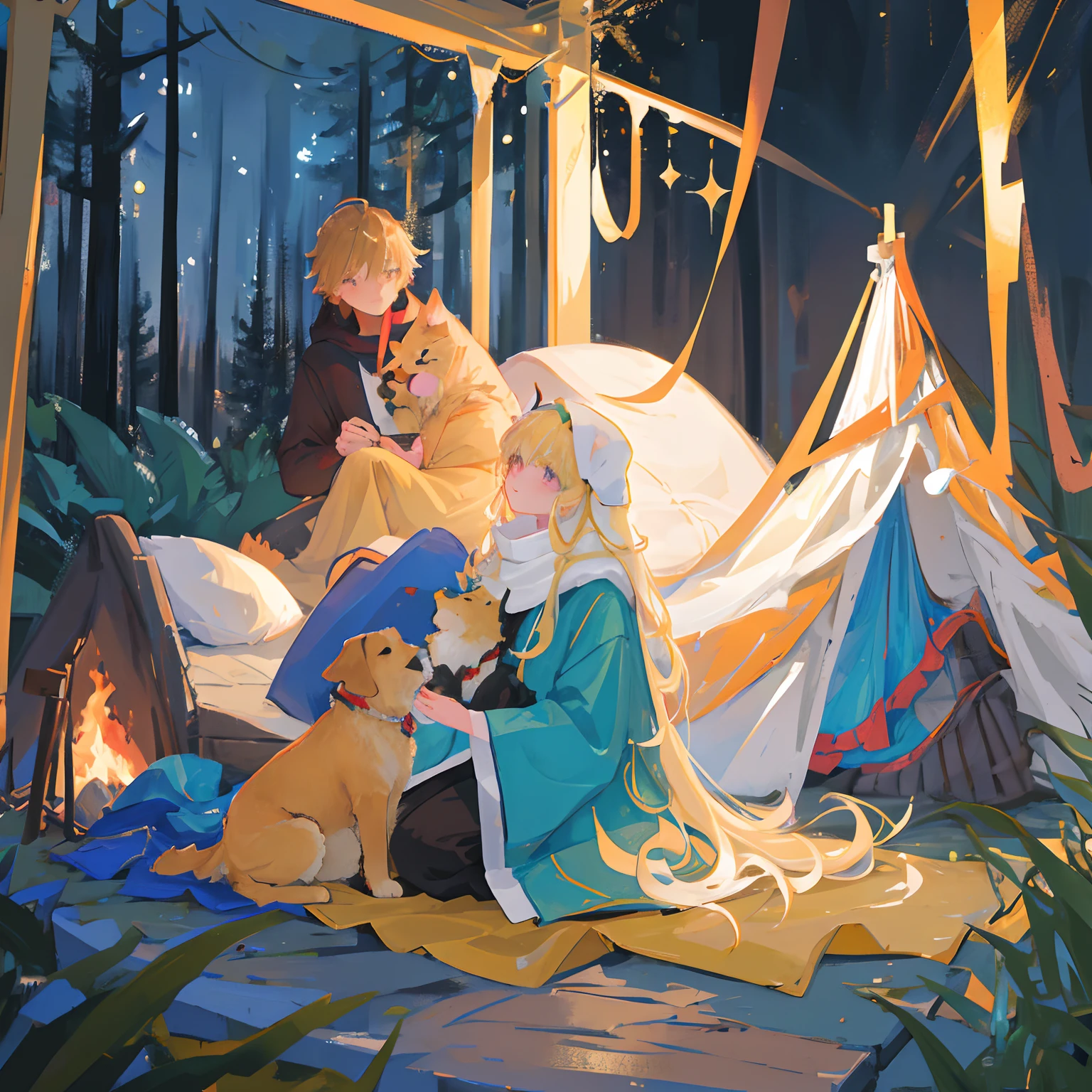 A traveler,  his girl friend, and a big golden retriever dog, are cuddling around a campfire in an open forest clearing at night, their tents pitched. The traveler has a beautiful face and brightly colored, shining eyes. They are dressed for outdoor activities and wear elaborate and delicate ornaments. Beautiful starry sky. A campsite lit by the light of a campfire. Detailed drawings. Vivid colors. High image quality. --s 1000 --ar 4:5 --niji 5