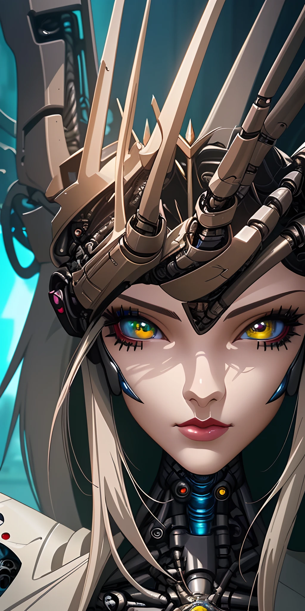 a close up of a woman in a costume with wings, detailed digital anime art, beautiful cyborg angel girl, portrait of a cyborg queen, perfect anime cyborg woman, beutiful girl cyborg, 4k detailed digital art, 4k highly detailed digital art, stunning cgsociety, detailed fantasy digital art, 2. 5 d cgi anime fantasy artwork, cyberpunk robotic elvish queen