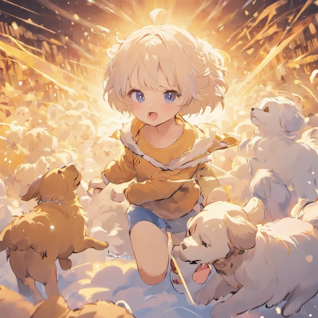 White hairs、One puppy、fluffy fur、White puppy、Vigorous、Puppy who loves anime、,, furry animal,Maltipoo puppy、Jumping、Golden Retriever Puppies、