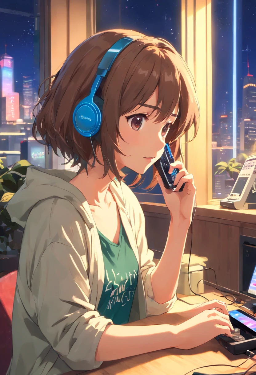 girl listening to music, (((Usando fones de ouvido:1.5))),ambiente relaxante, Em um quarto escuro a noite,444 Hz, Beautiful, breath-taking, altamente detalhado, 8k, usar, carinhoso, Ultra foto realsisim, scenecy, Lofi(((cabelo curto e detalhado:1.5)))