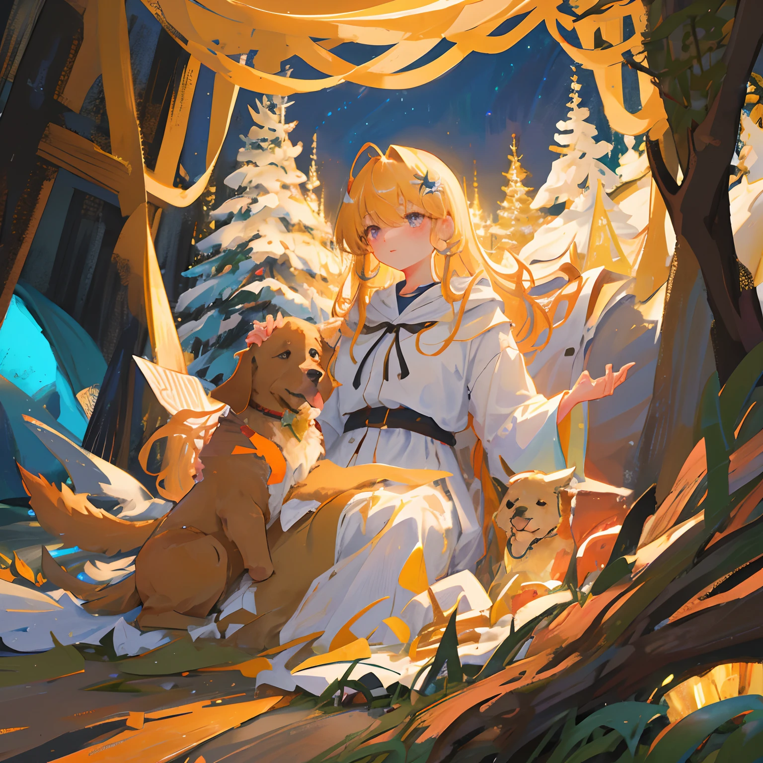 A traveler, his girl friend, and a big golden retriever dog, are cuddling around a campfire in an open forest clearing at night, their tents pitched. The traveler has a beautiful face and brightly colored, shining eyes. They are dressed for outdoor activities and wear elaborate and delicate ornaments. Beautiful starry sky. A campsite lit by the light of a campfire. Detailed drawings. Vivid colors. High image quality. --s 1000 --ar 4:5 --niji 5