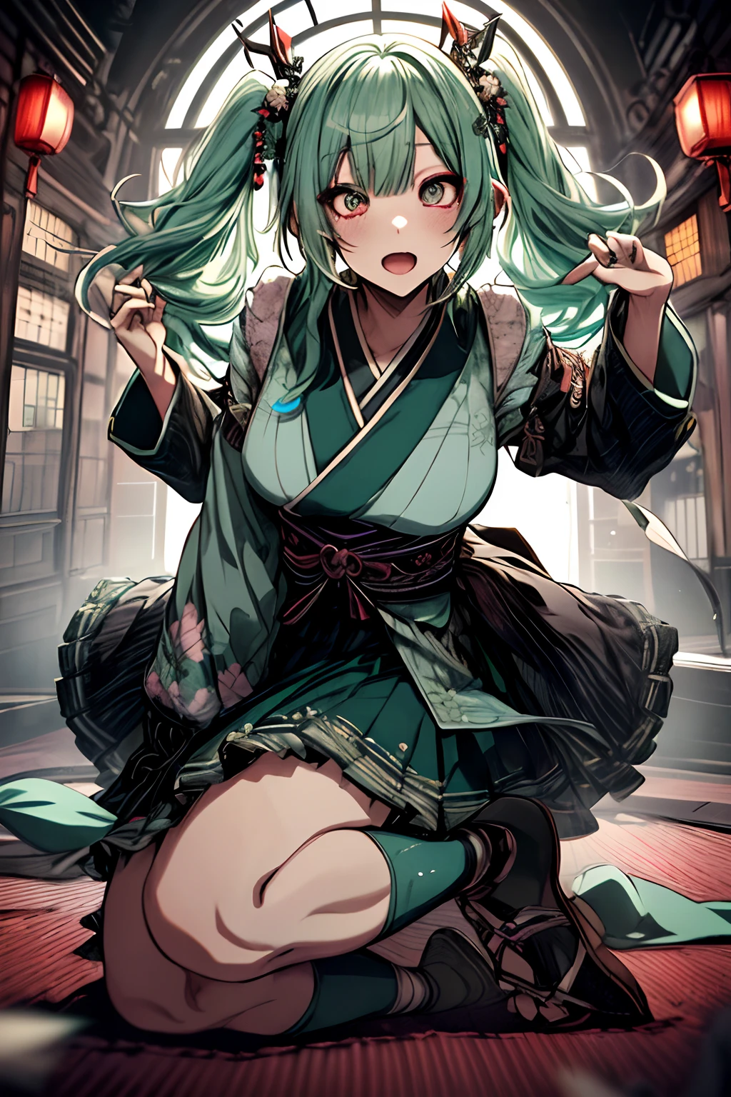 Full body、Japanese dress、Kimono Dresses、long、miku hatsune、Green hair、Twin-tailed、Ahegao ( Silly / Sexual ecstasy)、Cross-eyed、Stranger、View other people、Blunt bangs、 over-kneehighs,Ahegao , Silly,Sexual ecstasy,Drunken eyes,Blunt bangs, Green hair,(masutepiece:1.2, Best Quality), (finely detailed beautiful eye: 1.2), (Detailed background,Dark Fantasy), (beautifull detailed face), High contrast, (Best Illumination, extremely delicate and beautiful), ((Cinematic Light)), Colorful, Hyper Detail, Dramatic light, Intricate details,