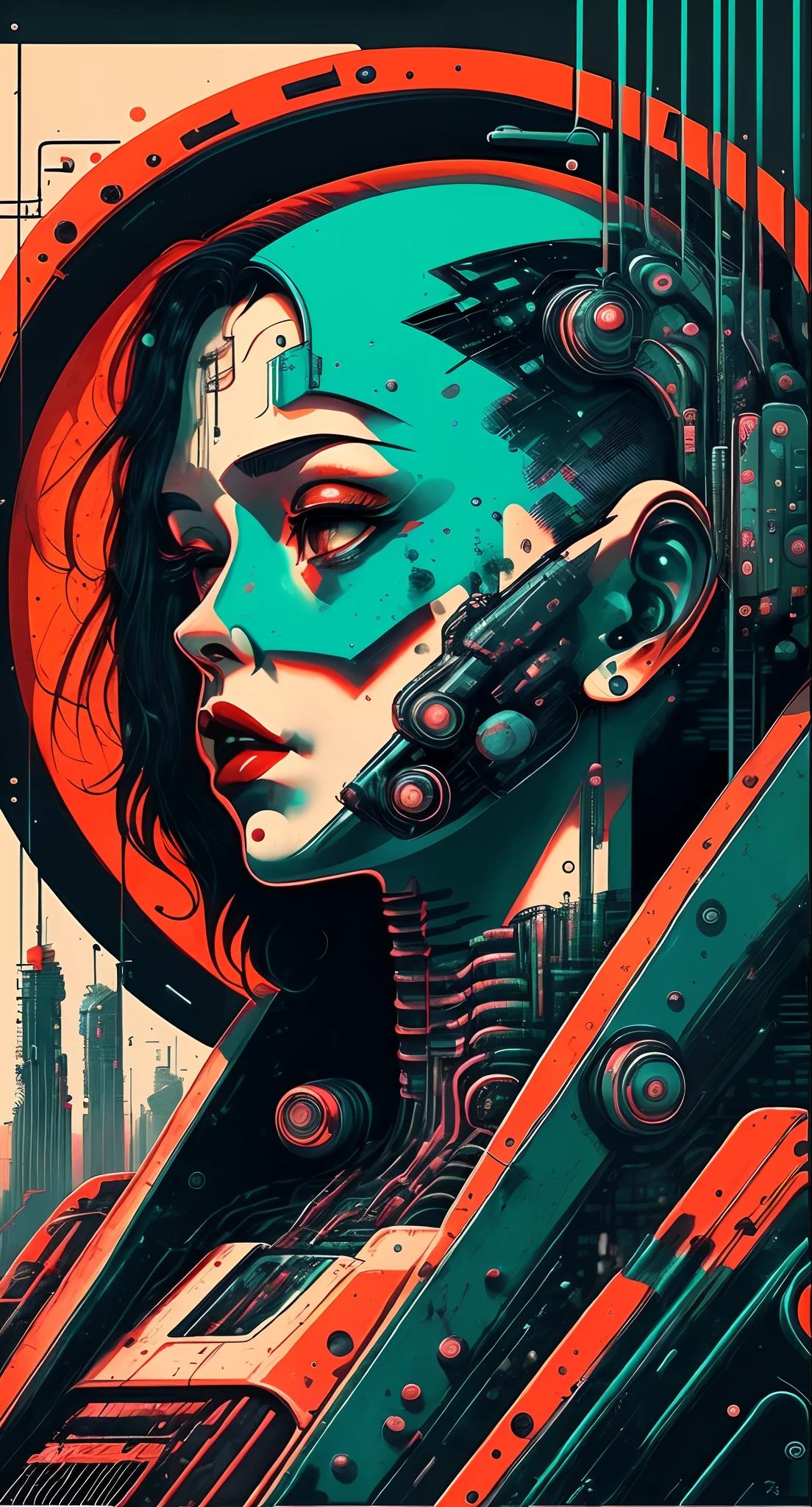 (masutepiece, 4k, ultra-detalhada, Foto RAW: 1.2), illustration, (1 mulher:1), (single background: 1.4), (simetria: 1.2), (Art Deco:1.4), (retro-futurista:1.4), (minimalismo:1.4), (limpo:1.4), (plano_Cor:1.4), (Cyberpunk:1.4), CCDDA Arte Ainda、music、