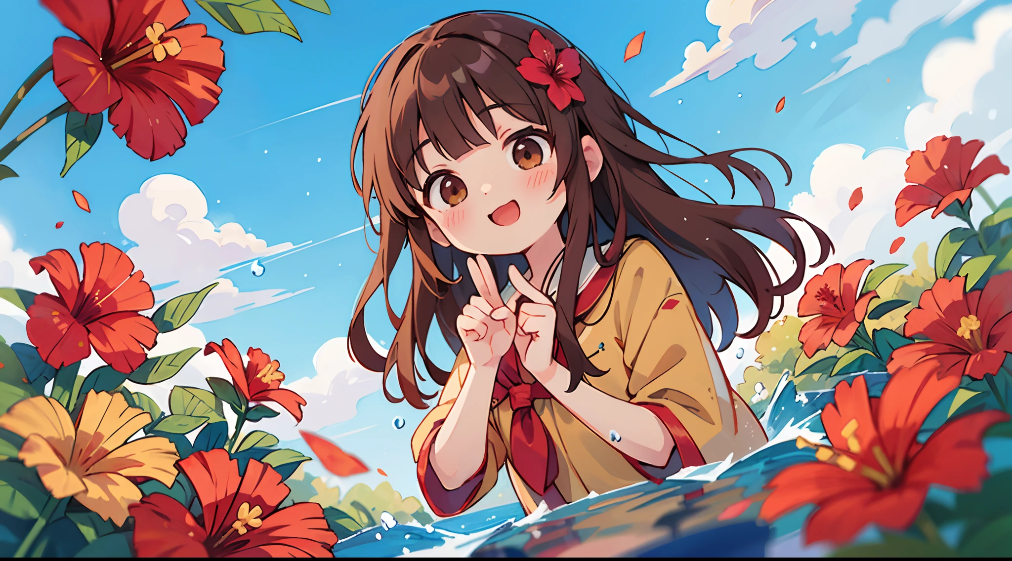 photoRealstic、Stand in front of the photo、laugh face、Water droplets on the cheeks、kawaii pose、Flowing Red Silk、bustup、Eye Up、Hibiscus petals、Blurring、brown haired、blue-sky、depth of fields、season!!: 夏☀ 🍂 ハイビスカス