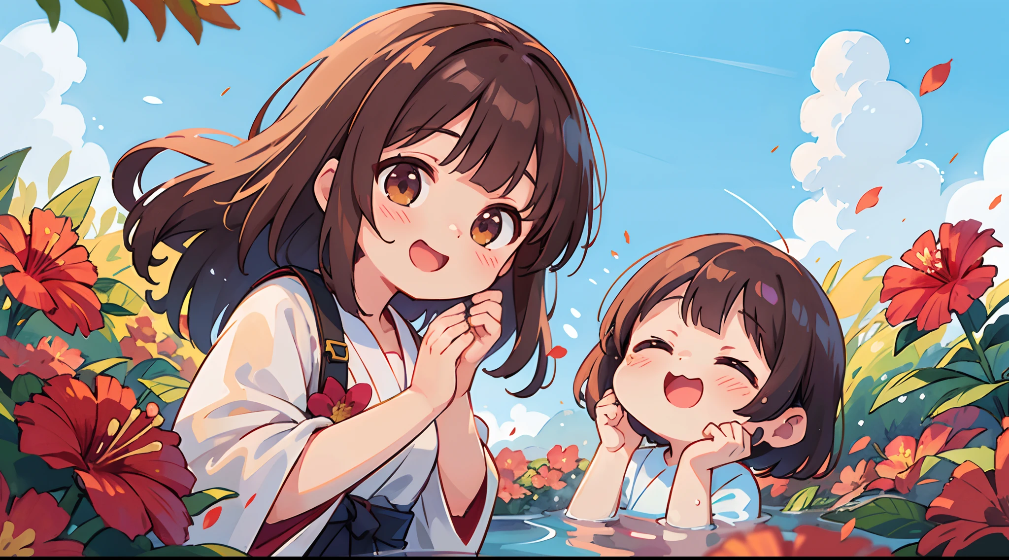 photoRealstic、Stand in front of the photo、laugh face、Water droplets on the cheeks、kawaii pose、Flowing Red Silk、bustup、Eye Up、Hibiscus petals、Blurring、brown haired、blue-sky、depth of fields、season!!: 夏☀ 🍂 ハイビスカス