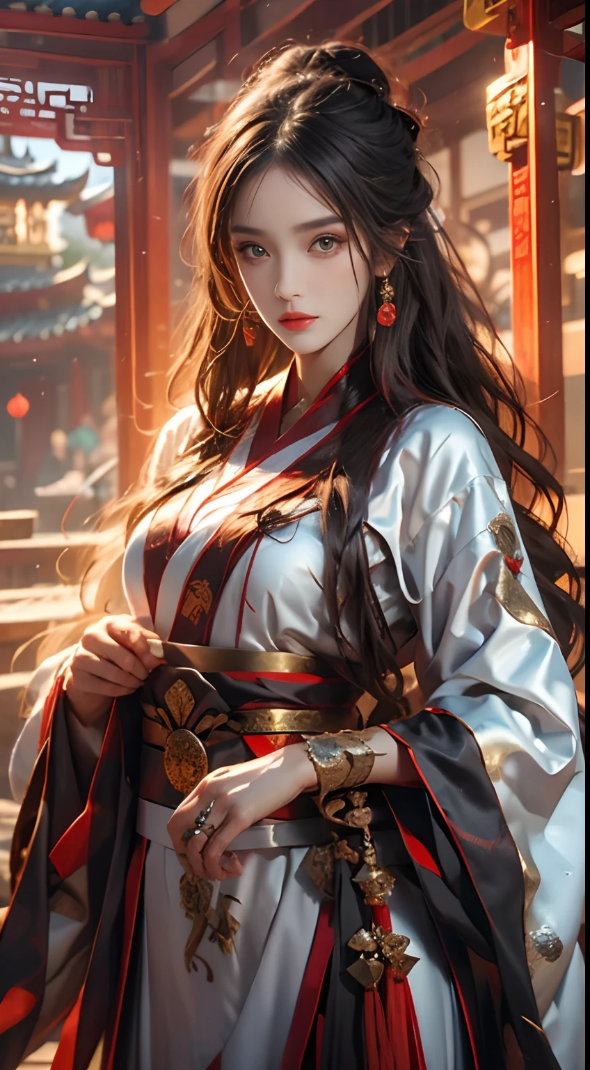 Photorealistic, high resolution, 1 woman, Hips up, Beautiful eyes, Long hair, ringed eyes, jewelry, tattoo, Hanfu, Chinese fairy, Taoist uniform