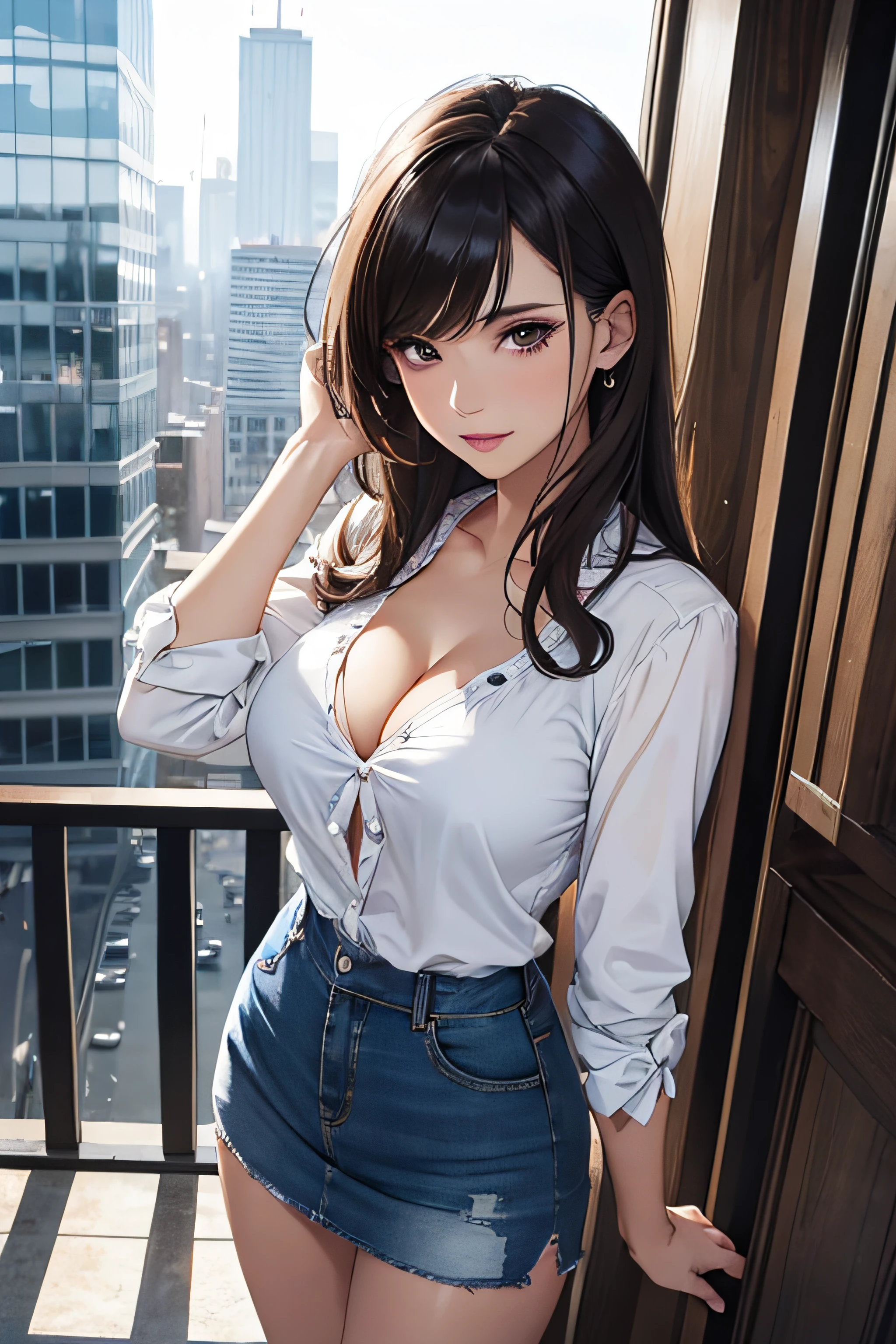 girl with blouse, jean skirt, medium breasts, cleavage, cityscape, flirtatious look, ((very detailed)), (perfectly detailed face), (well detailed hand) photorealistic image.