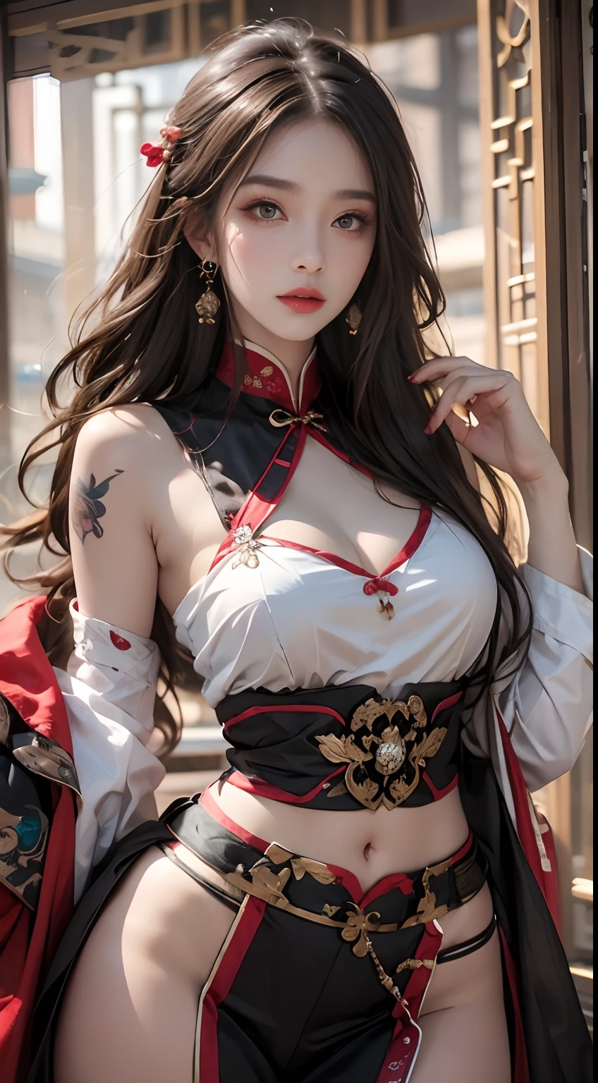 Photorealistic, high resolution, 1 woman, Hips up, Beautiful eyes, Long hair, ringed eyes, jewelry, tattoo, Hanfu, Chinese fairy, Taoist uniform