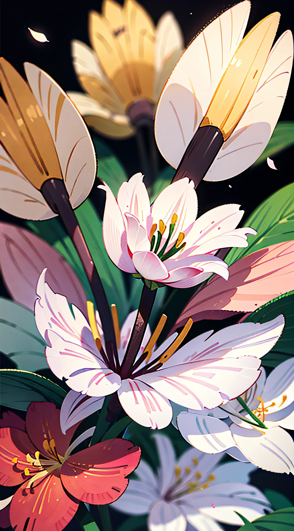 Close-up of lilies, high-precision picture quality, beautiful white background showing a lily picture. White lilies bloom towards us in pictures, capturing every corner of the human eye. The details of the petals are delicate and gorgeous, the exotic ears take on a sense of mystery, and the glowing details make the flowers look even more delicate. Improve the details of the stem and flower of the cosmic lily to make the picture more perfect.