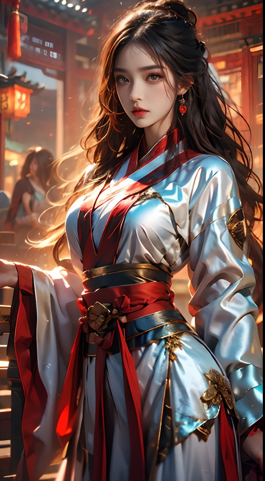 Photorealistic, high resolution, 1 woman, Hips up, Beautiful eyes, Long hair, ringed eyes, jewelry, tattoo, Hanfu, Chinese fairy, Taoist uniform