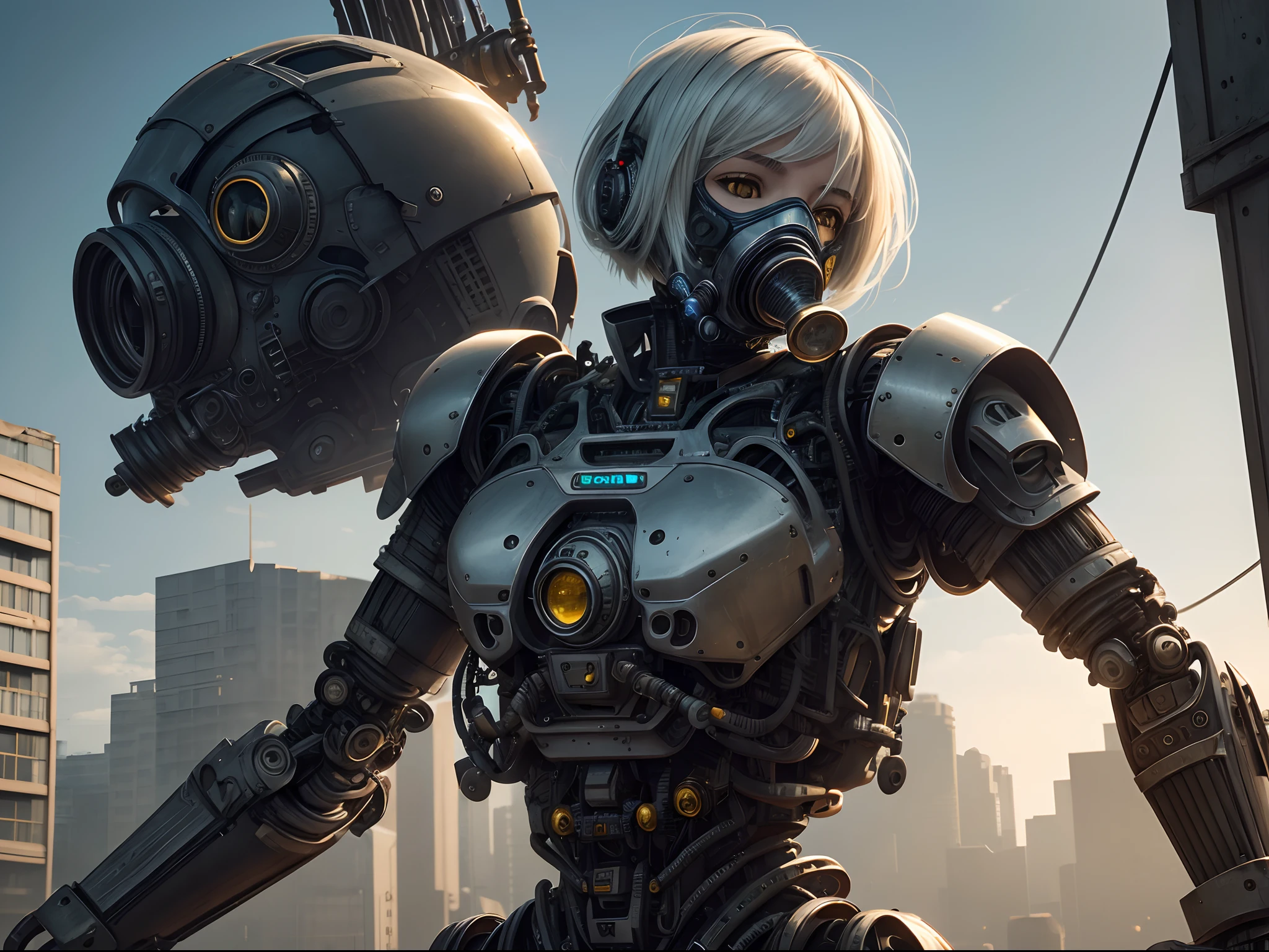(Masterpiece:1.2,High quality), 1girll, ((hyper realistic detailed)), Global illumination, Shadows, illusory engine, rendering by octane, 8K, ultrasharp, metal, Intricate, ornaments detailed, highly intricate detail, Yellow eyes, (Mechanical body:1.2), White hair, (Black gas mask), Gear, Bob cut, Hundreds of wires, Earthling, (robot, Android:1.15), Apocalypse, Broken buildings