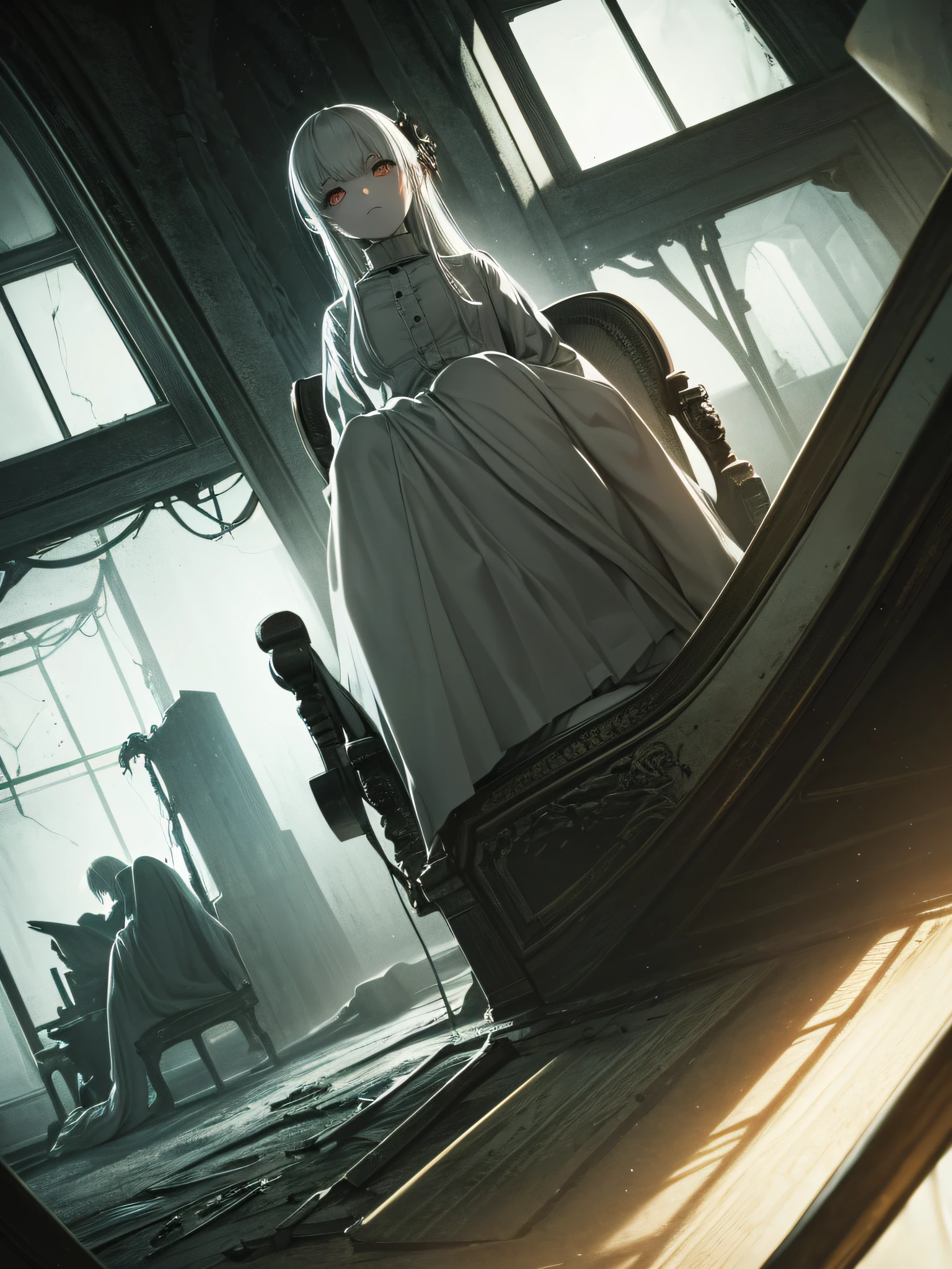 Girl with dilated pupils, suffocating face, demonic possession, torn clothes, sitting in an armchair in a dark corner, silhouette of a demon in the dark where only the glowing eyes appear, BREAK (ultra-realistic), {unity wallpaper Extremely detailed 8k CG}, expansive landscape photography, (a low view that prioritizes character and setting, (wide open field view), (low angle shot), (high light: 0.5), (low light: 0.5 ), (warm light source: 1.0), complex details, (iridescent colors: 1.5), (bright lighting), (atmospheric lighting), surreal, terror, horror