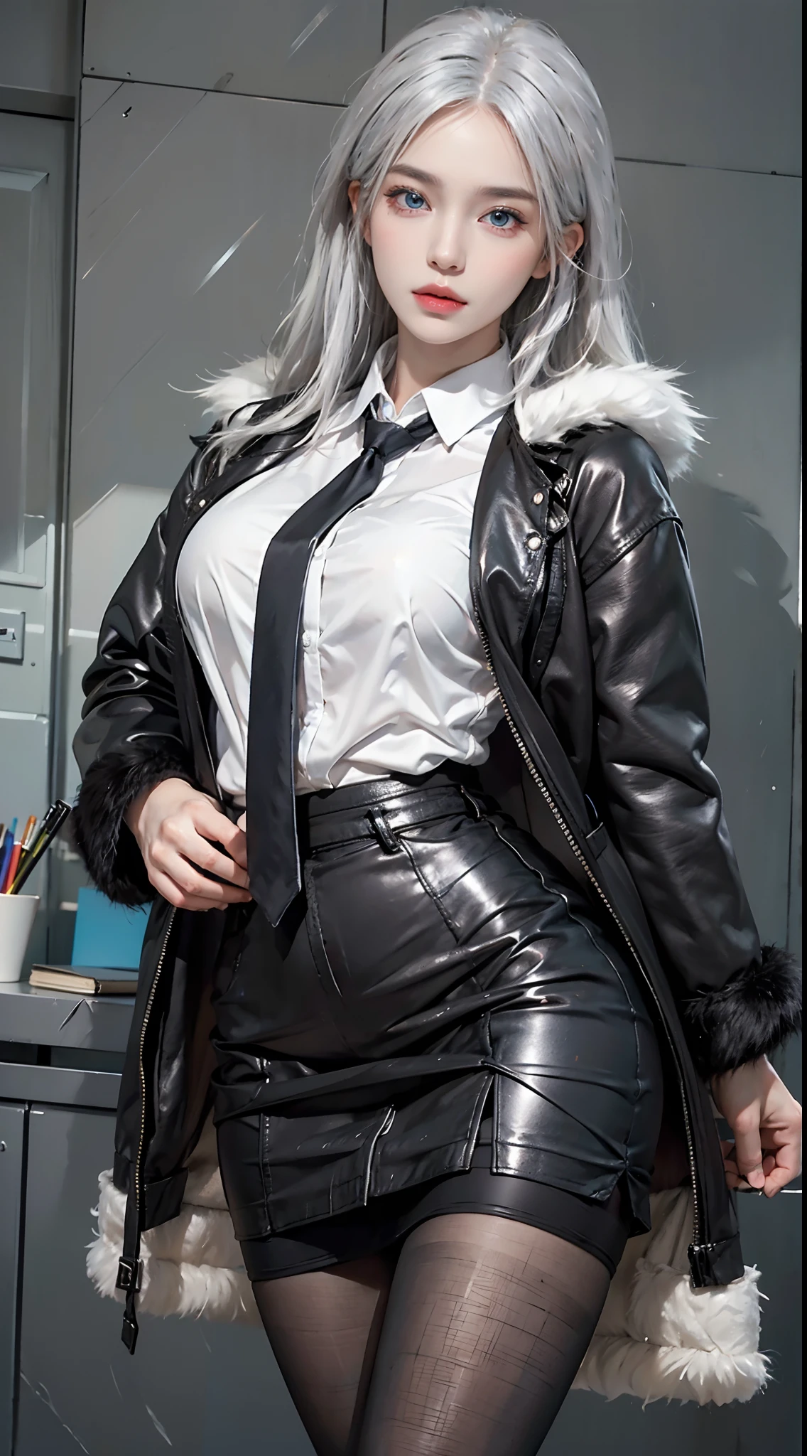 photorealistic, high resolution, soft lights, 1women, solo, hips up, blue eyes, white hair, long hair, close lips, collared shirt, black necktie,black skirt, pencil skirt, fur coat, stockings