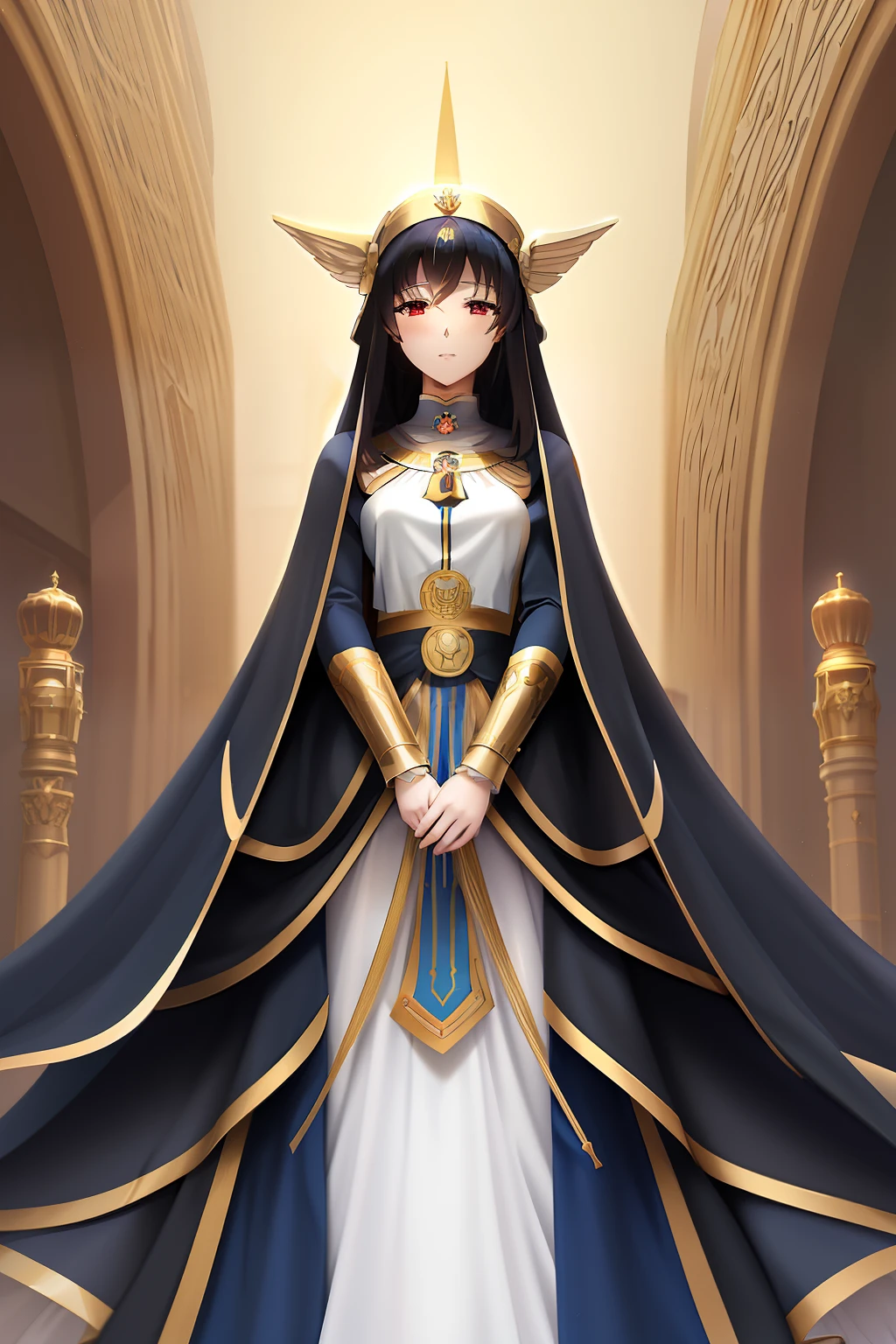 a woman in a white dress and blue cape with a gold crown, priestess, anime goddess, portrait knights of zodiac girl, albedo from the anime overlord, 2. 5 d cgi anime fantasy artwork, a beautiful fantasy empress, ((a beautiful fantasy empress)), anime in fantasy style, made with anime painter studio, mystical anubis valkyrie