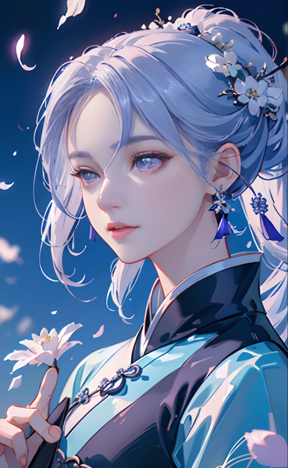 Mature girl, blue and white hair color, inner pick dye, floating hair, delicate and flexible eyes, intricate damask hanfu, gorgeous accessories, wearing pearl earrings, FOV, f/1.8, masterpiece, complex scene, petals flying, front portrait shot, Chang'e, side lighting, oversized breasts, sexy