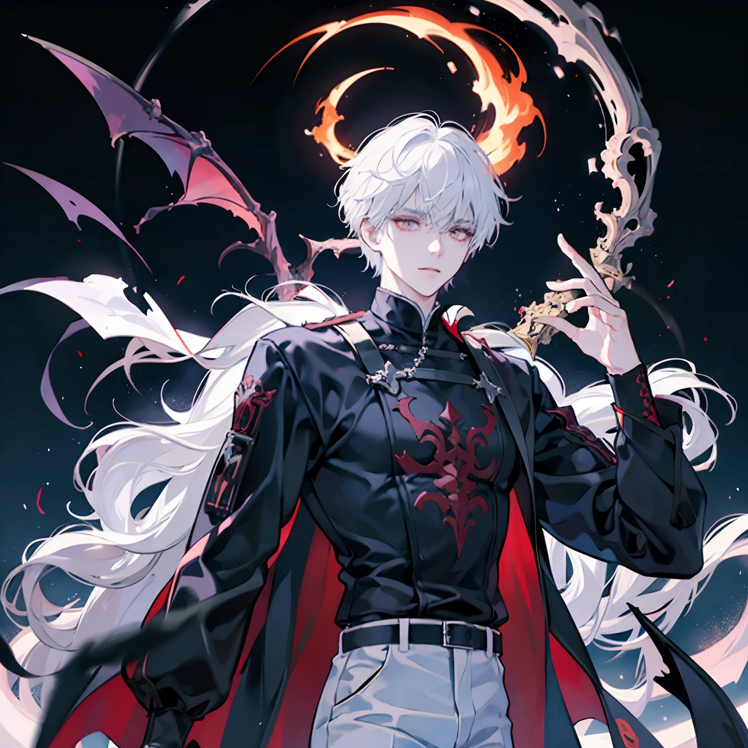 white hair, demonic, demon lord, boy, 8k resolution, explosion demonic blackground, scary background, black t shirt, white pants, dark aura, sword