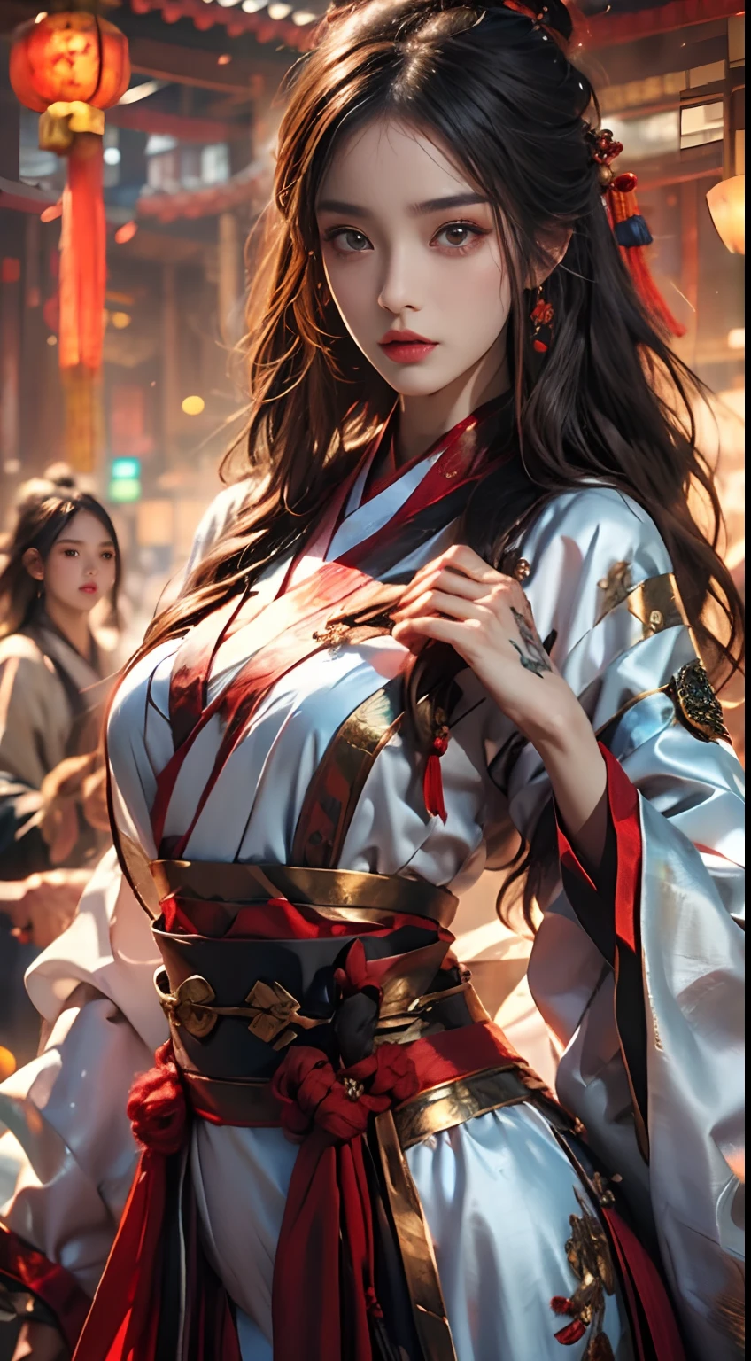 Photorealistic, high resolution, 1 woman, Hips up, Beautiful eyes, Long hair, ringed eyes, jewelry, tattoo, Hanfu, Chinese fairy, Taoist uniform