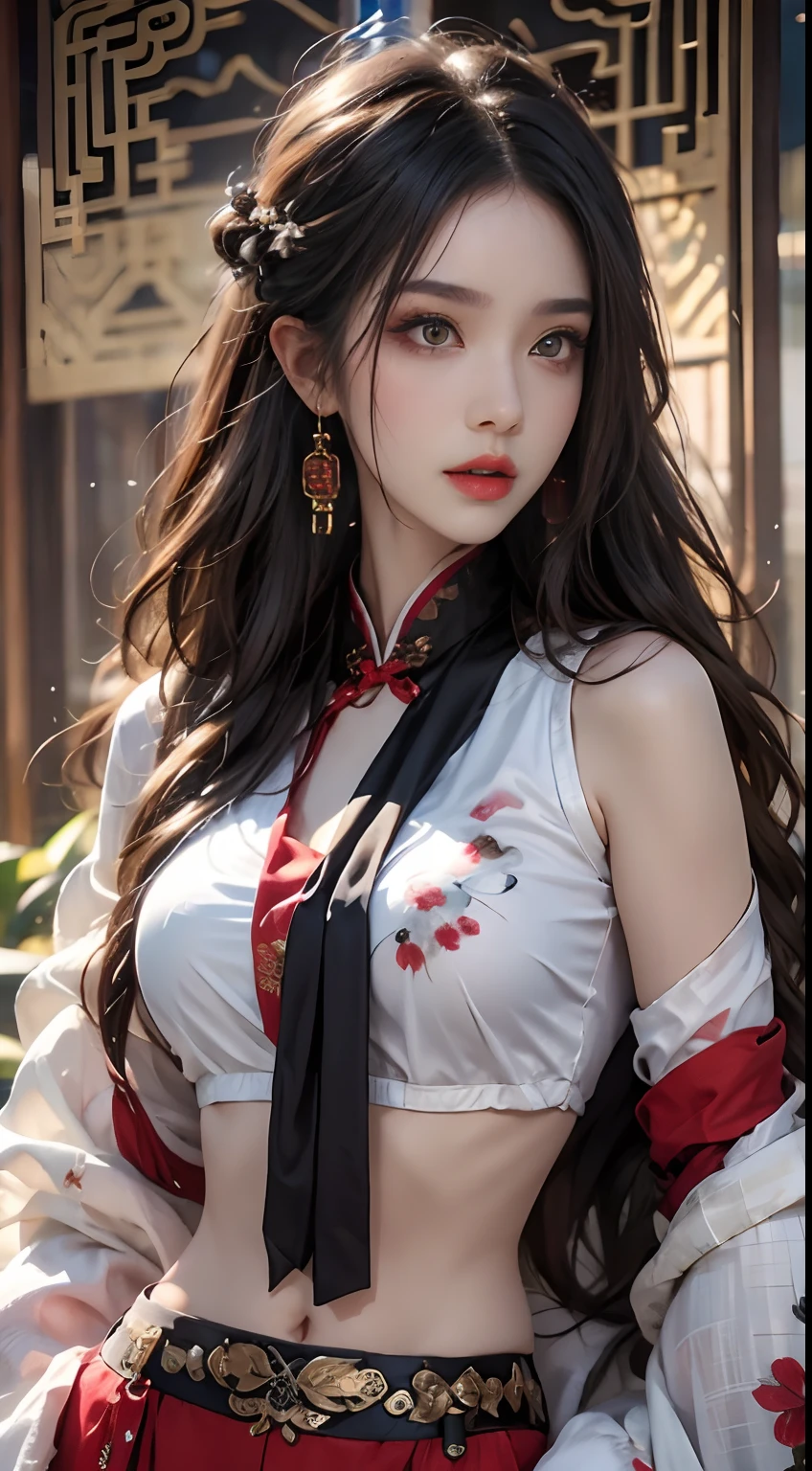 Super high quality, masterpiece, perfect illustration, extreme detail (exquisite light and shadow, highly dramatic picture,) Stroke, 1 girl, solo, (wearing red, black and white Hanfu,) flower field, flowers, (white smoke:1.3) (Realistic:1.4), Zen entanglement, tangled, official art, Unity 8k wallpaper, super detailed, beautiful and beautiful, masterpiece, best quality, (dynamic angle: 1.4), glowing skin, (floating colorful flashes: 1) the most beautiful chaotic forms, elegant, brutalist design, Bright colors, romantic depth of field exotic_dance, half_naked