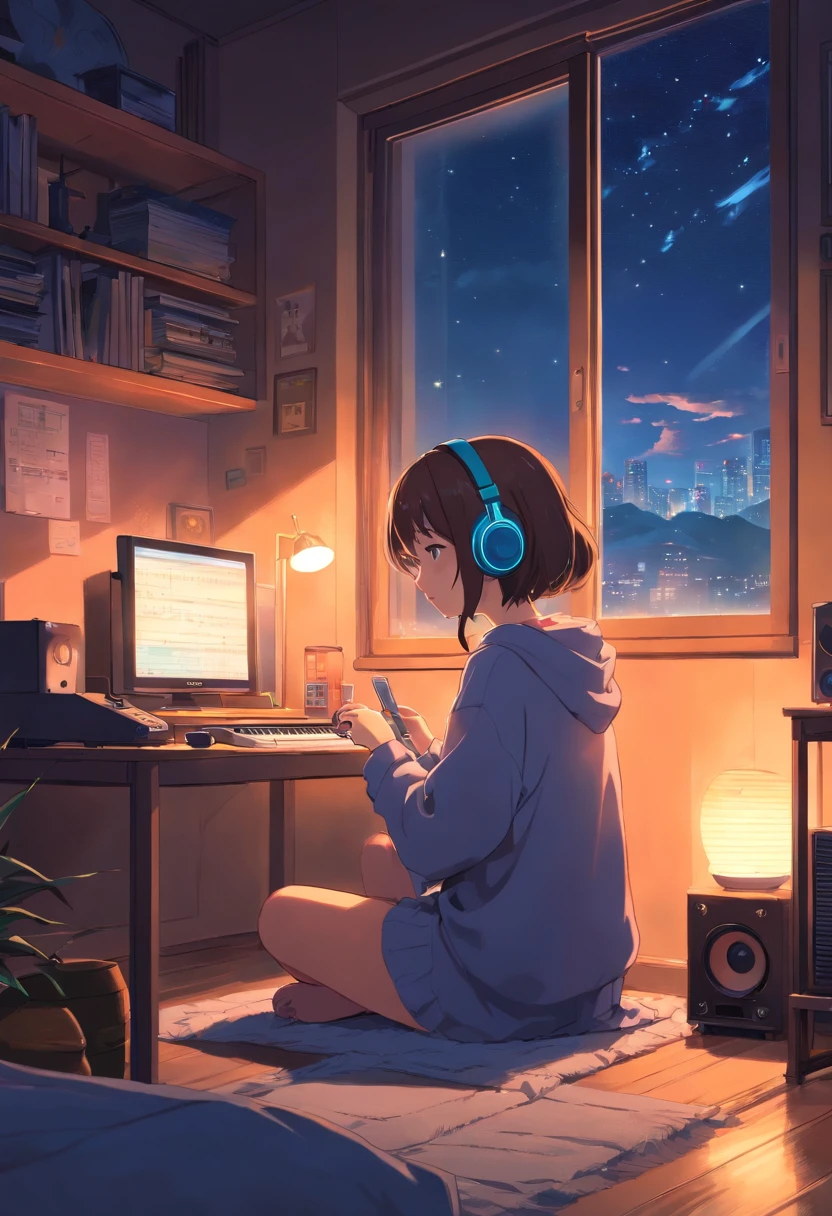 Girl listening to music in a cozy room at night, Usando fones de ouvido, Anime estilo 2D, Lo-fi, altamente detalhado, hd