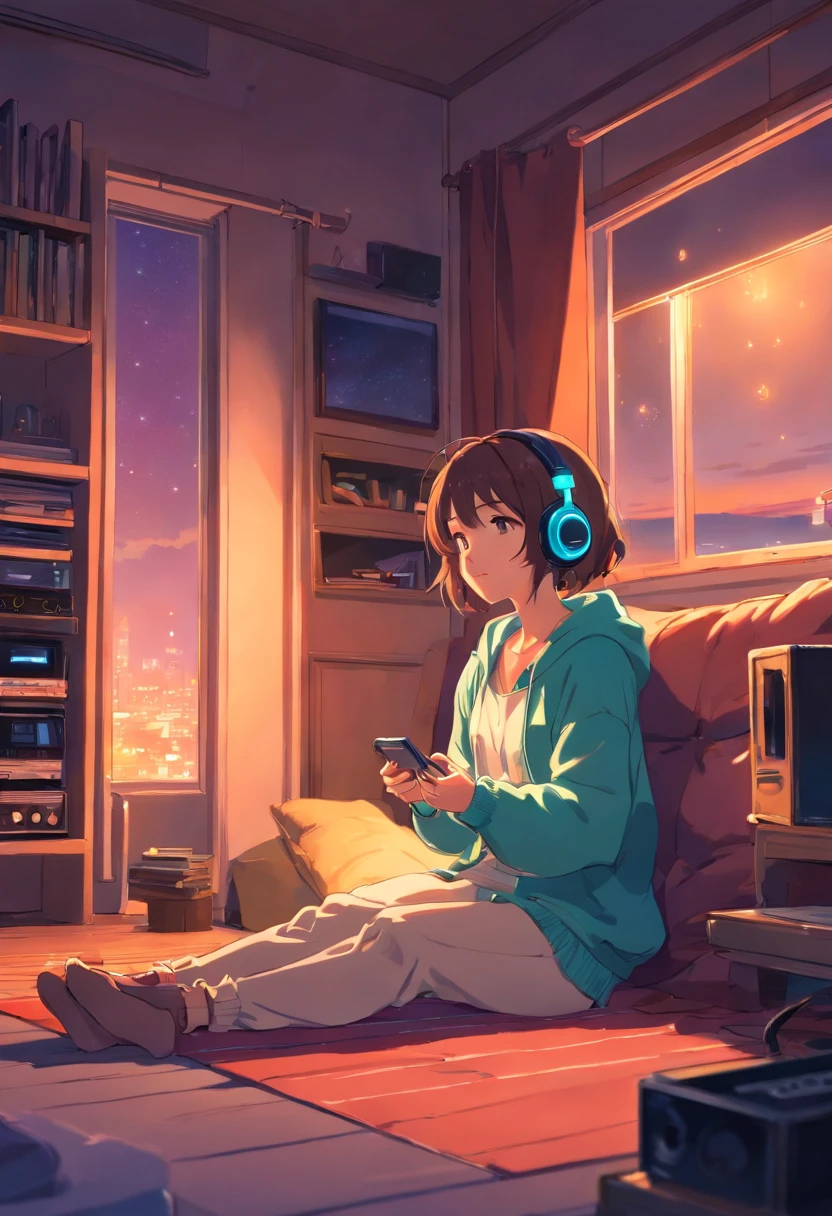Girl listening to music in a cozy room at night, Usando fones de ouvido, Anime estilo 2D, Lo-fi, altamente detalhado, hd