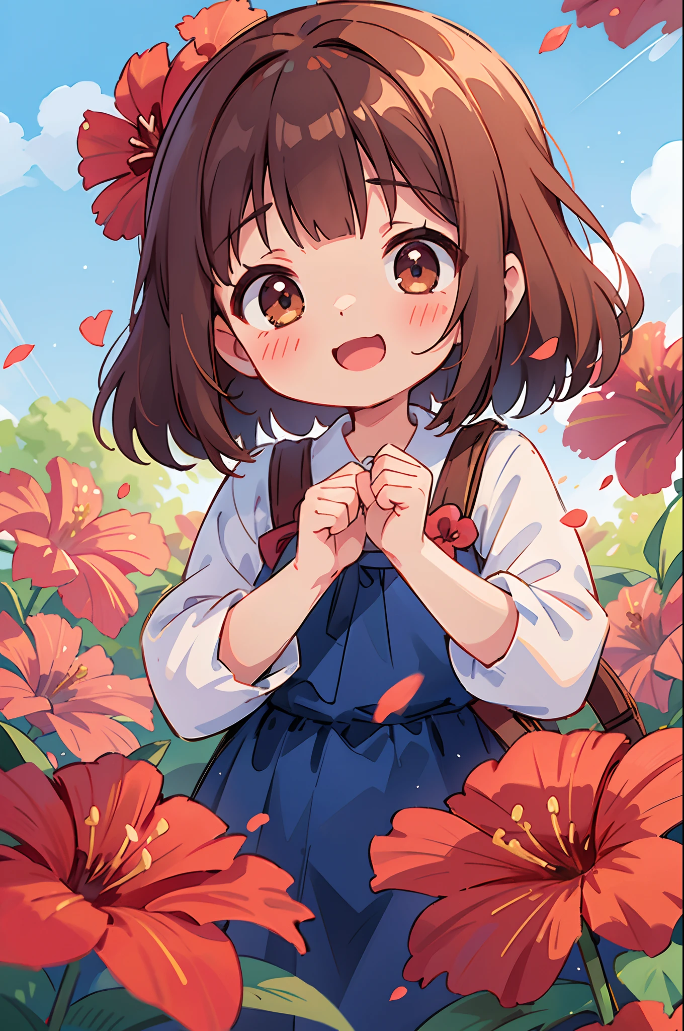 photoRealstic、Stand in front of the photo、laugh face、Water droplets on the cheeks、kawaii pose、Flowing Red Silk、bustup、Eye Up、Hibiscus petals、Blurring、brown haired、blue-sky、depth of fields、season!!: 夏☀ 🍂 ハイビスカス